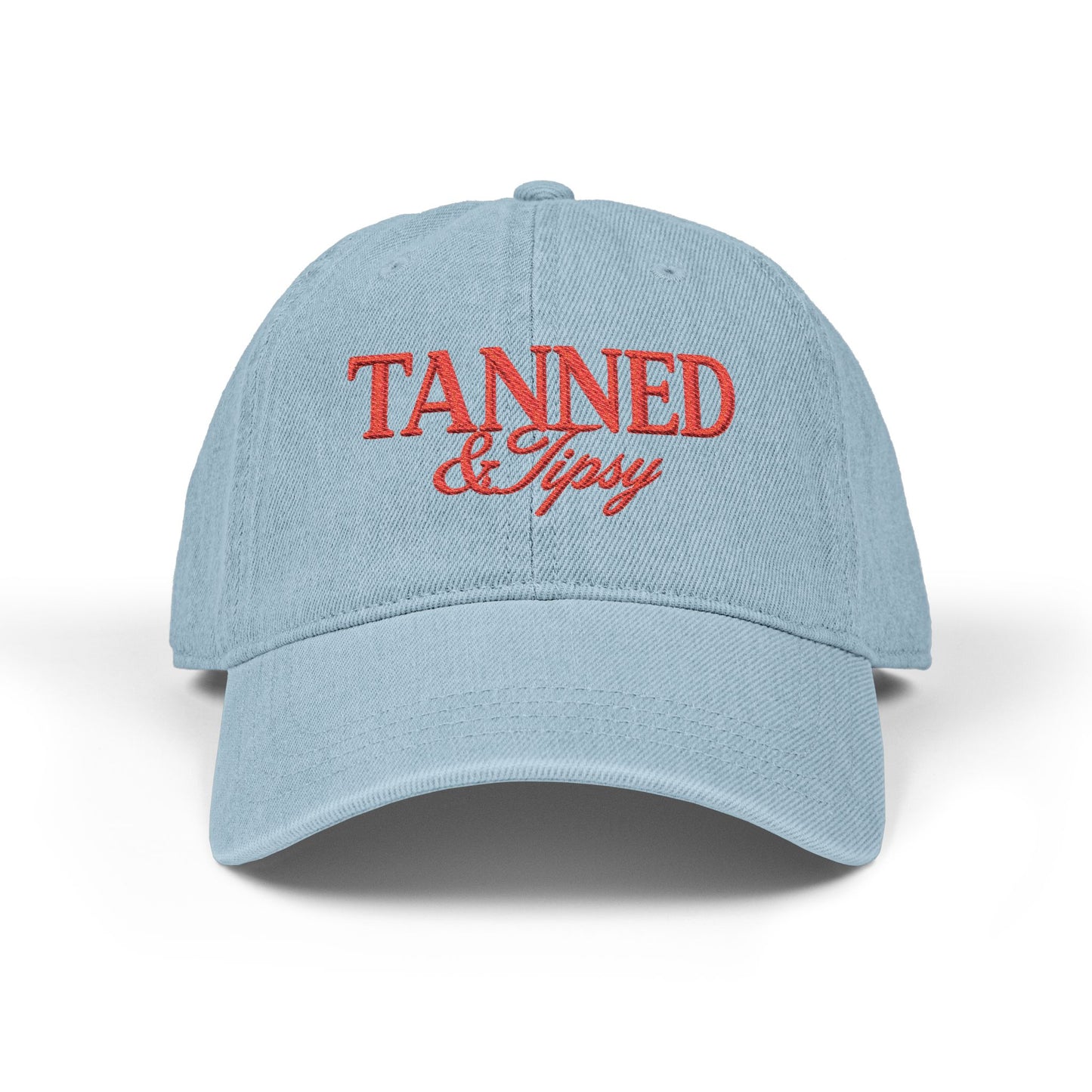 Tanned & Tipsy Embroidered Hat — Casual Denim Cap for Beach Days & Vacations