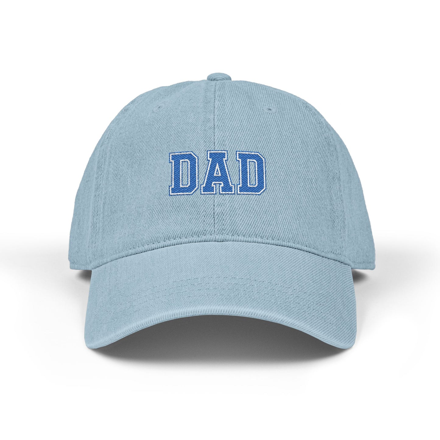 Dad Embroidered Denim Hat — Vintage Varsity Lettering Cap Hats Printify One size Light Blue