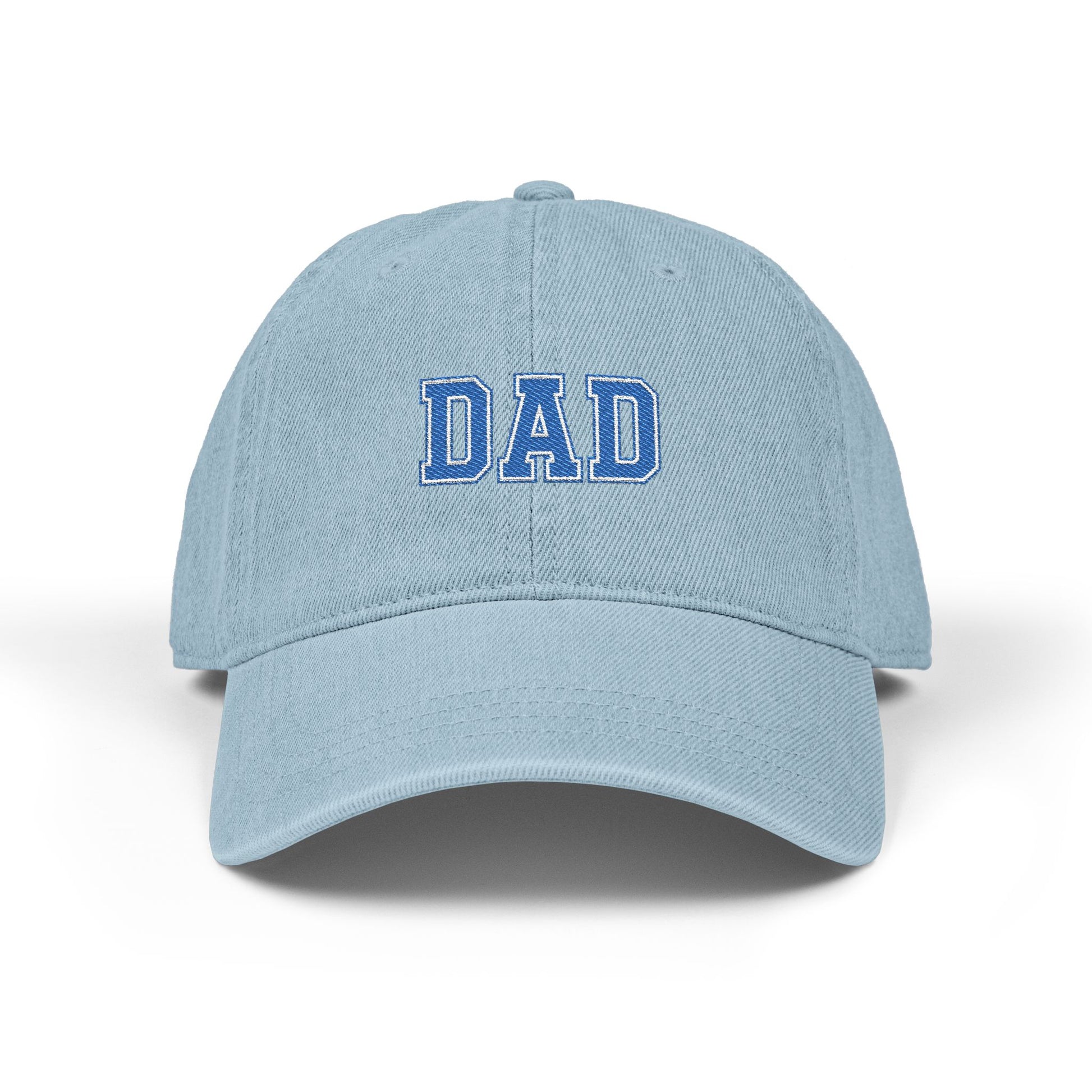 Dad Embroidered Denim Hat — Vintage Varsity Lettering Cap Hats Printify One size Light Blue