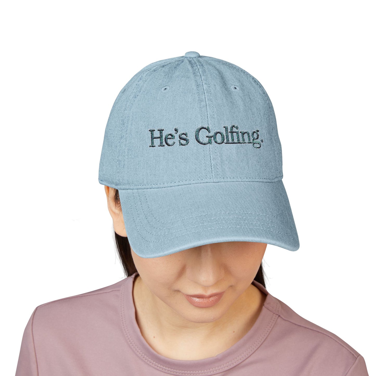 He's Golfing Denim Embroidered Hat — Casual Golf Cap for Him