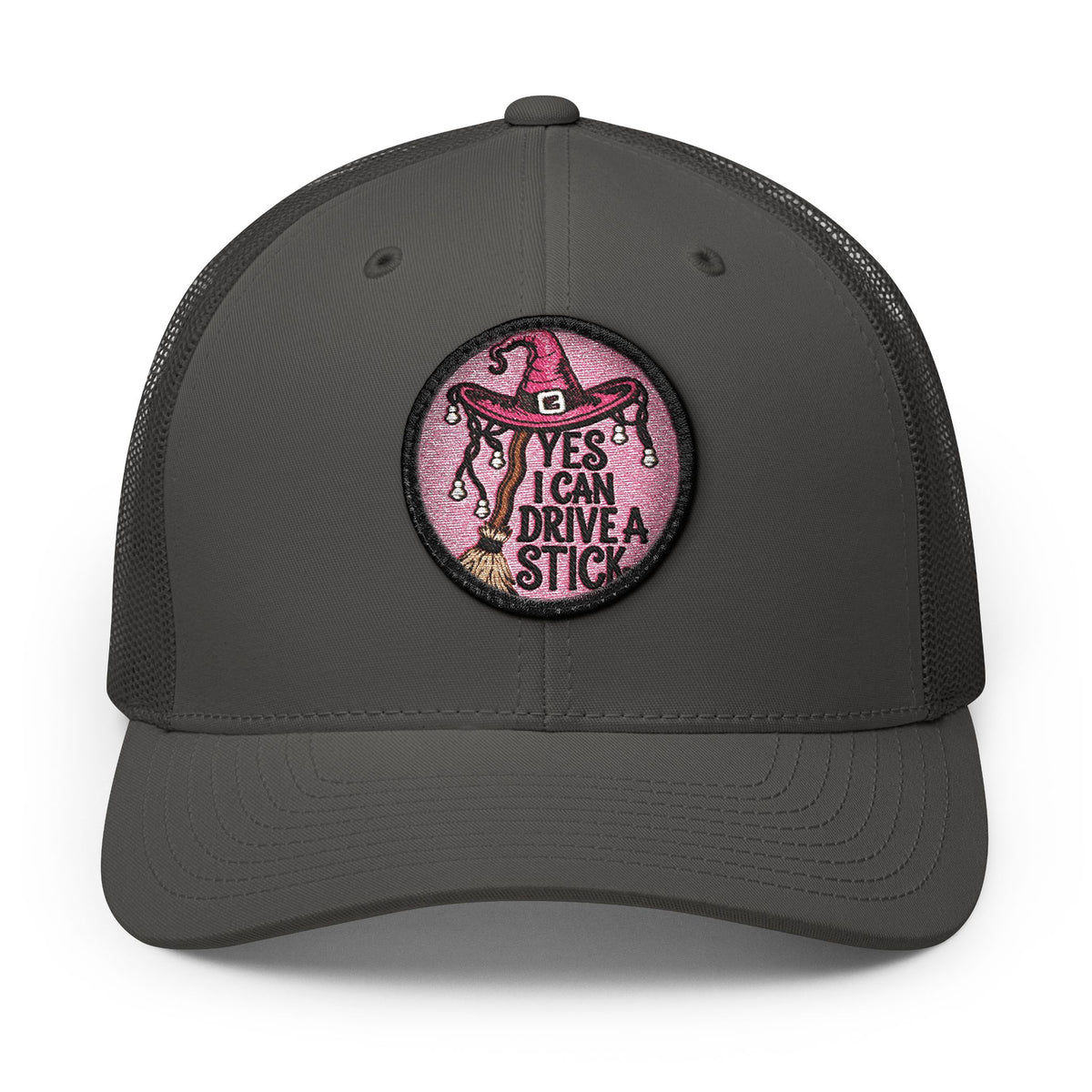 "YES, I Can Drive Stick" Pink Western Hat Patch Snapback Trucker Cap Hats Printify Circle One size Charcoal / White patch