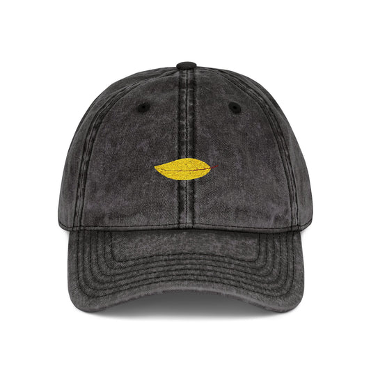 Embroidered Vintage Red Cap with Gold Lip Accent – Distressed Dad Hat Hats Printify One size Black