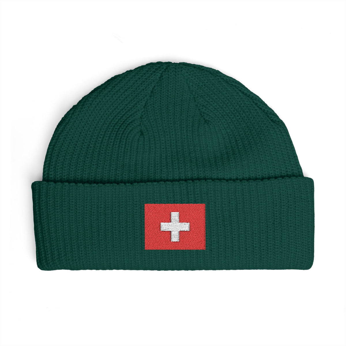 Swiss Cross Cuff Beanie — Embroidered Red Flag Patch Winter Hat Hats Printify