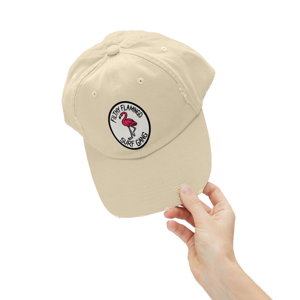 Distressed Surf Cap — "Filthy Flamingo Surf Gang" Embroidered Patch Hat