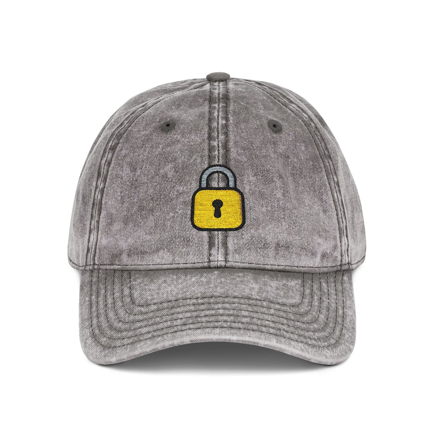 Embroidered Vintage Cap — Yellow Lock Patch Hat Hats Printify One size Charcoal Grey