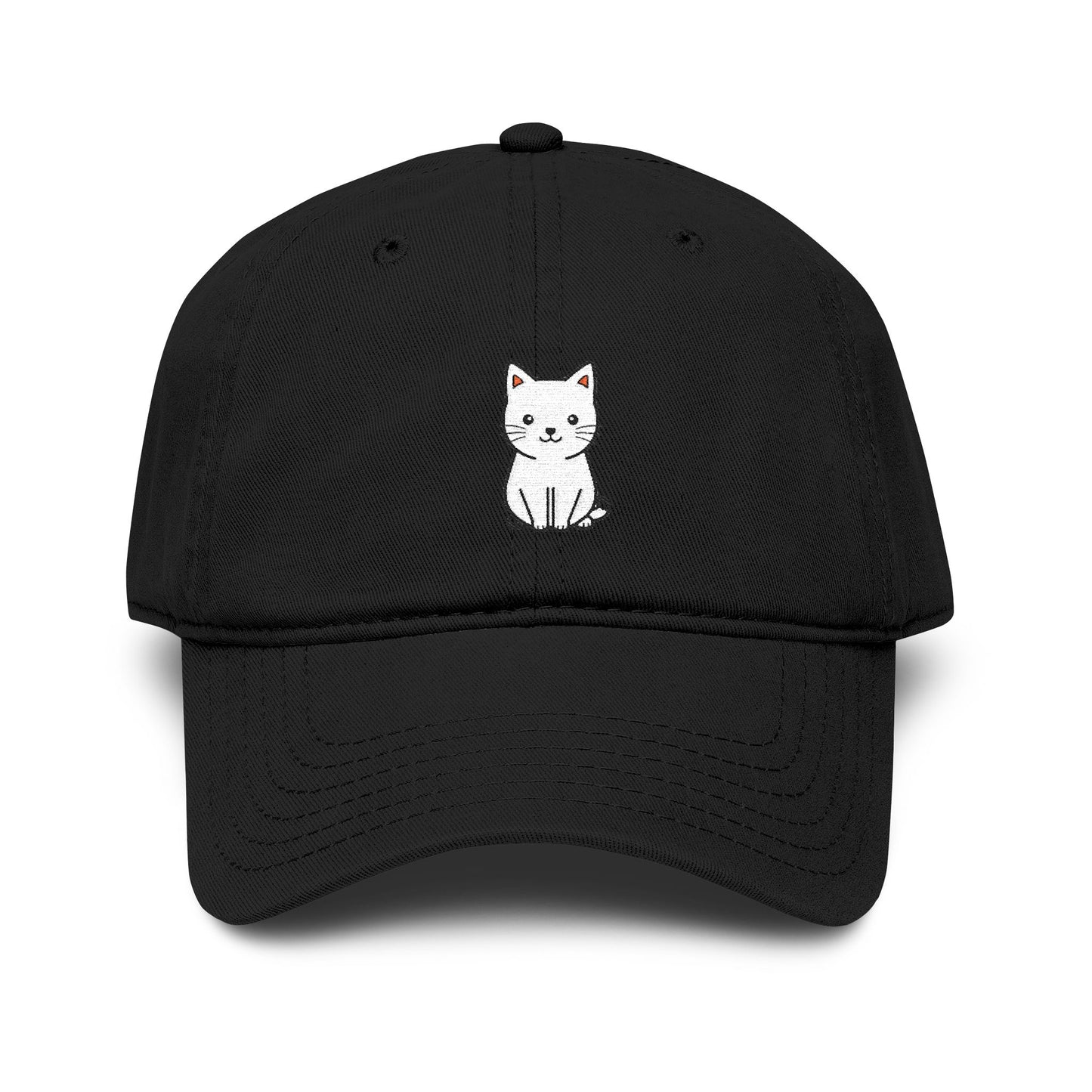 Washed Baseball Cap — Cute White Sitting Cat Embroidered Hat Hats Printify One size Black