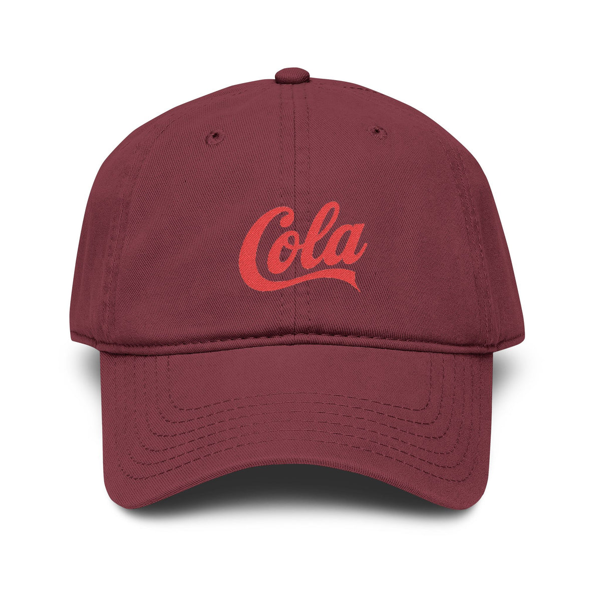 Washed Cotton Baseball Cap with Retro "Cola" Script Embroidery Hats Printify One size Maroon