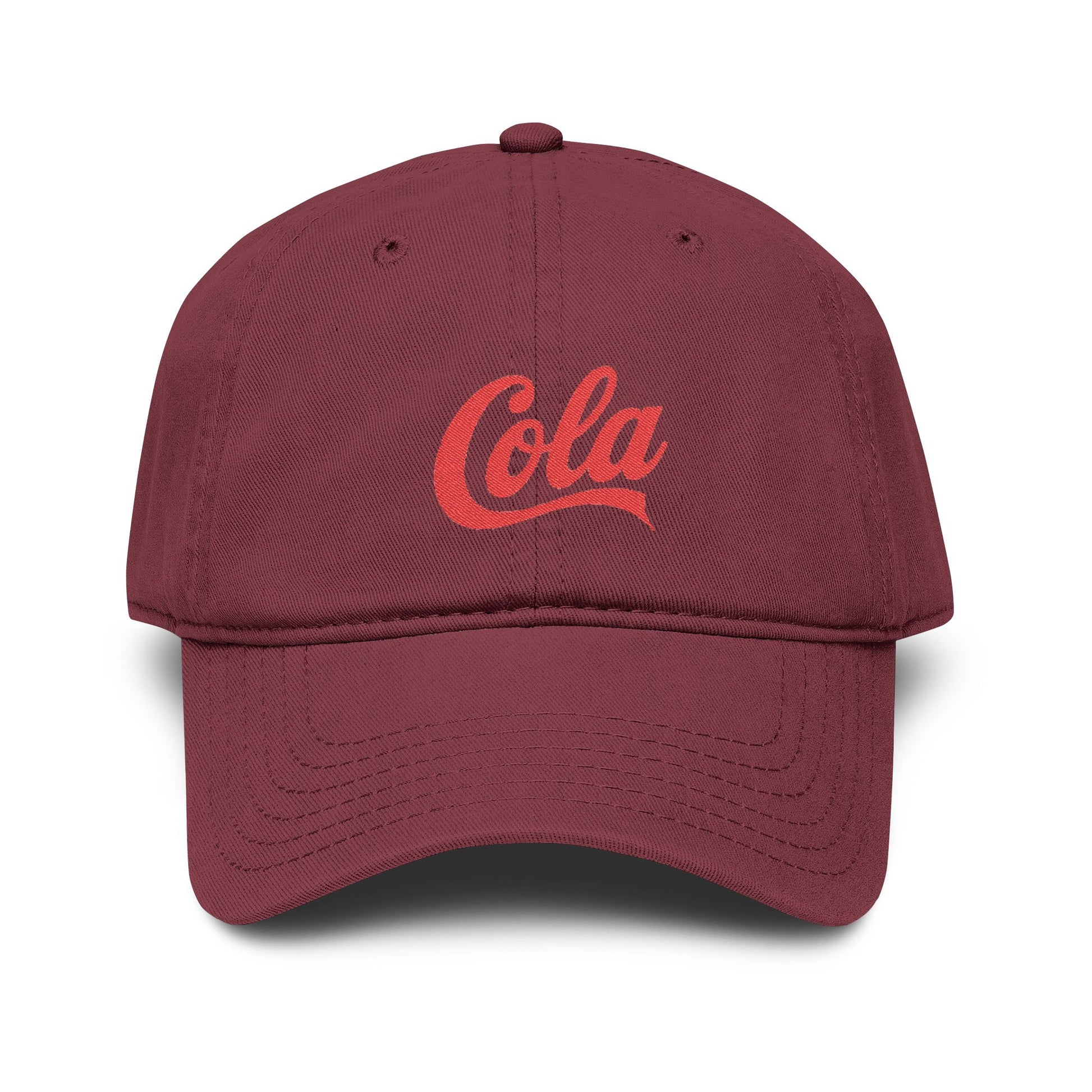Washed Cotton Baseball Cap with Retro "Cola" Script Embroidery Hats Printify One size Maroon
