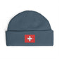 Swiss Cross Cuff Beanie — Embroidered Red Flag Patch Winter Hat Hats Printify One size Petrol Blue