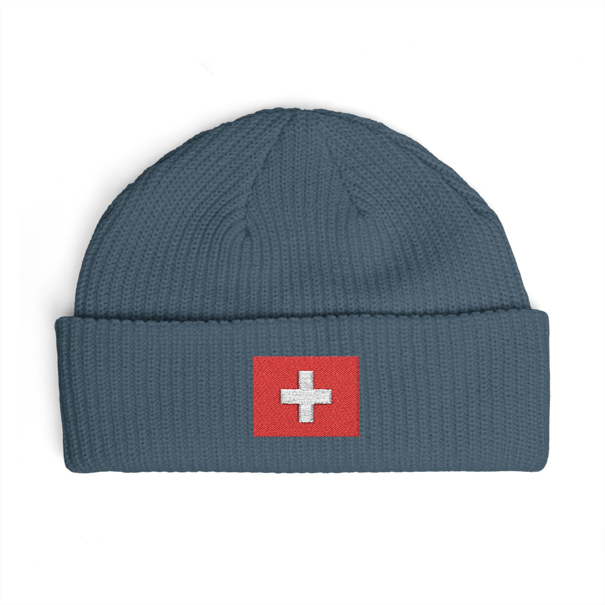 Swiss Cross Cuff Beanie — Embroidered Red Flag Patch Winter Hat Hats Printify One size Petrol Blue