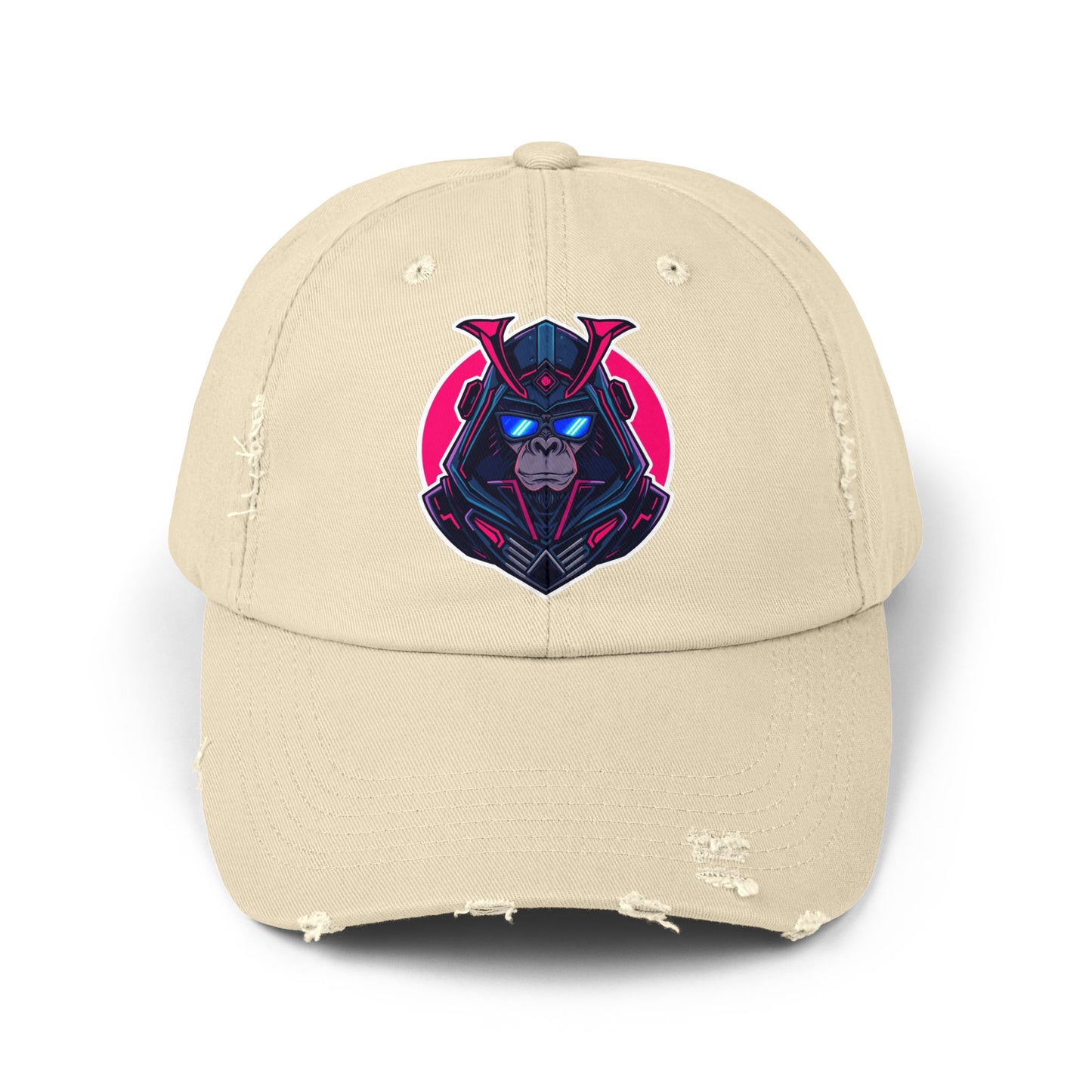 Samurai Skull Distressed Cap — Neon Retro Gamer Hat Hats Printify Stone One size