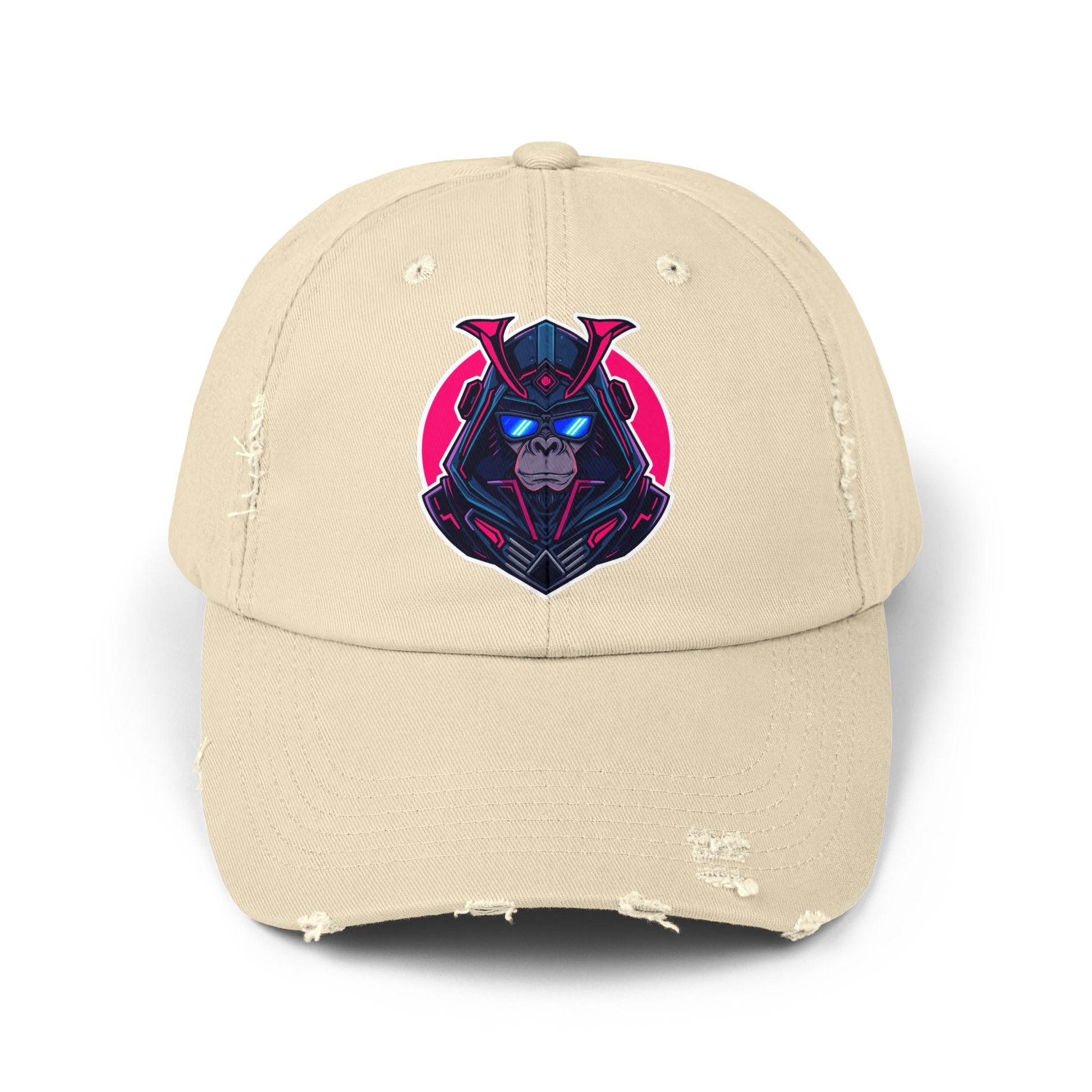 Samurai Skull Distressed Cap — Neon Retro Gamer Hat Hats Printify Stone One size