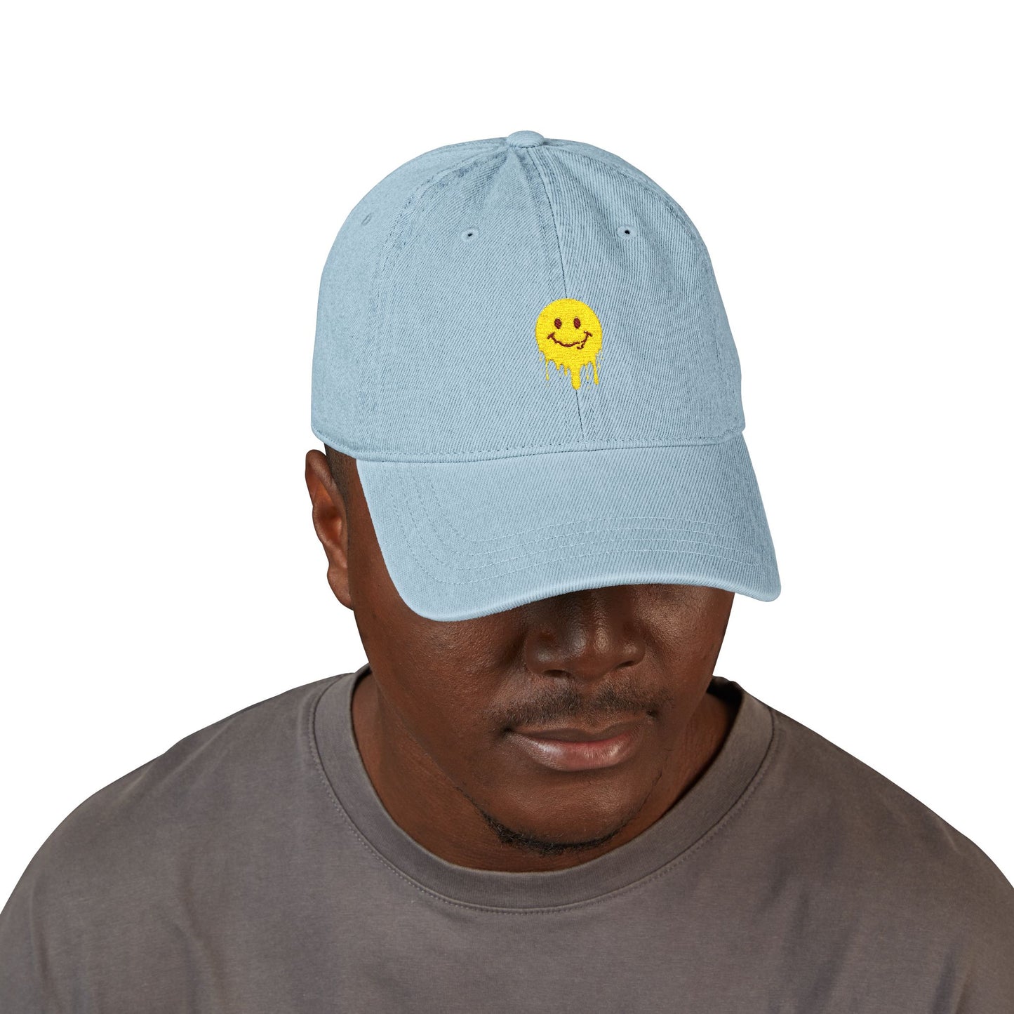 Embroidered Drip Smiley Denim Hat — Yellow Melting Smilecap Hats Printify