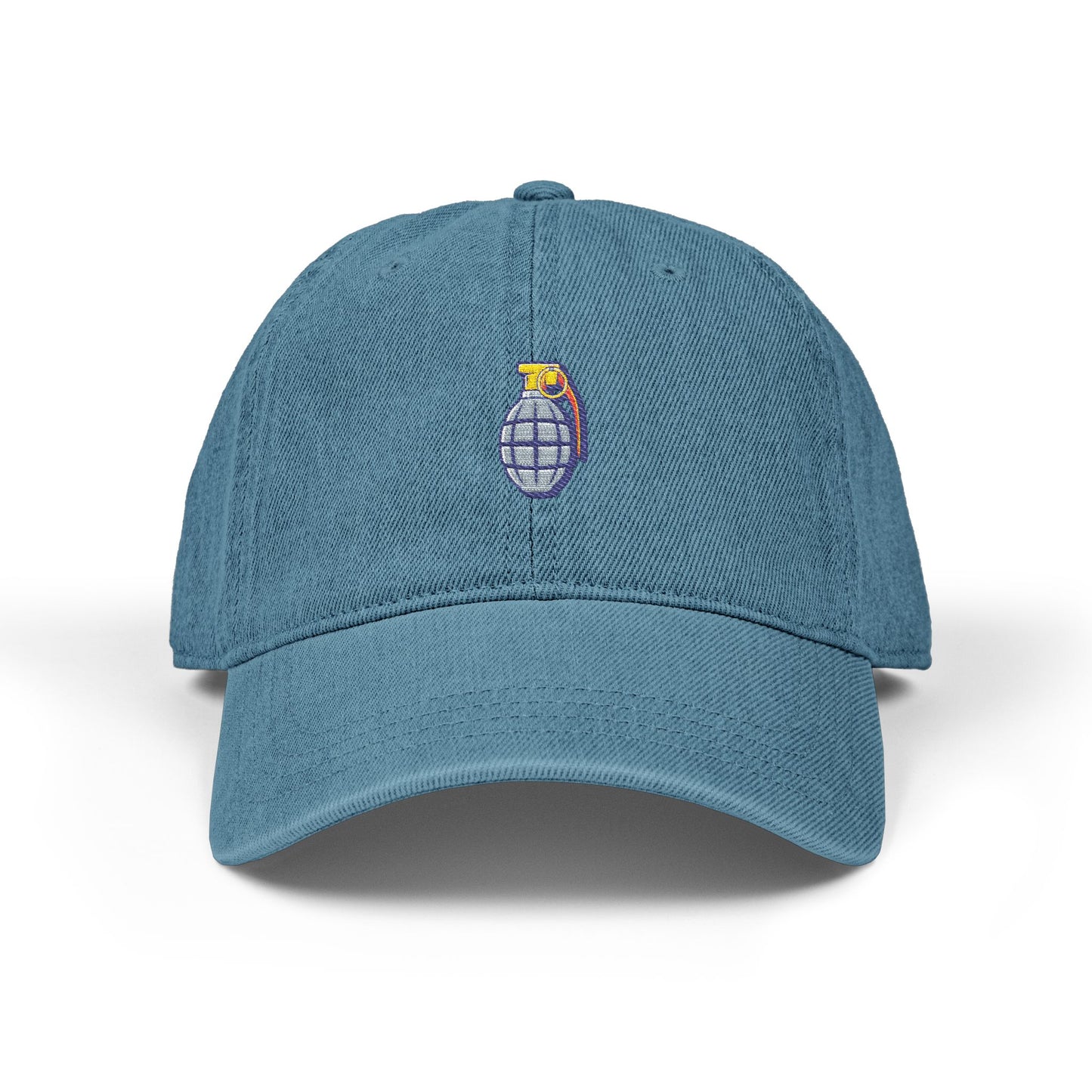 Embroidered Grenade Cap – Military-Inspired Black Denim Hat Hats Printify One size Blue