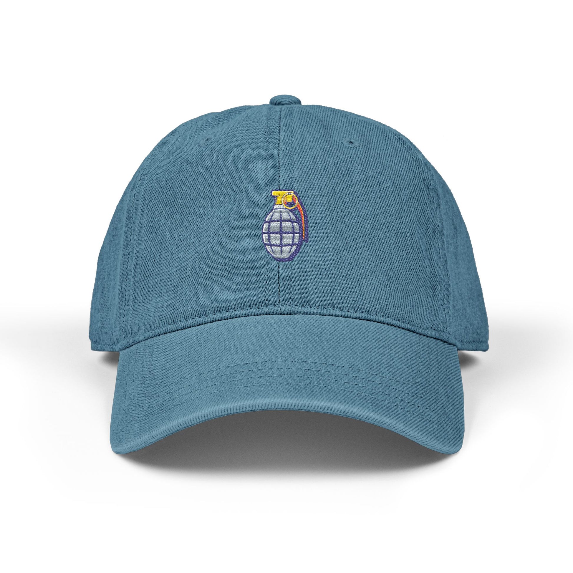 Embroidered Grenade Cap – Military-Inspired Black Denim Hat Hats Printify One size Blue
