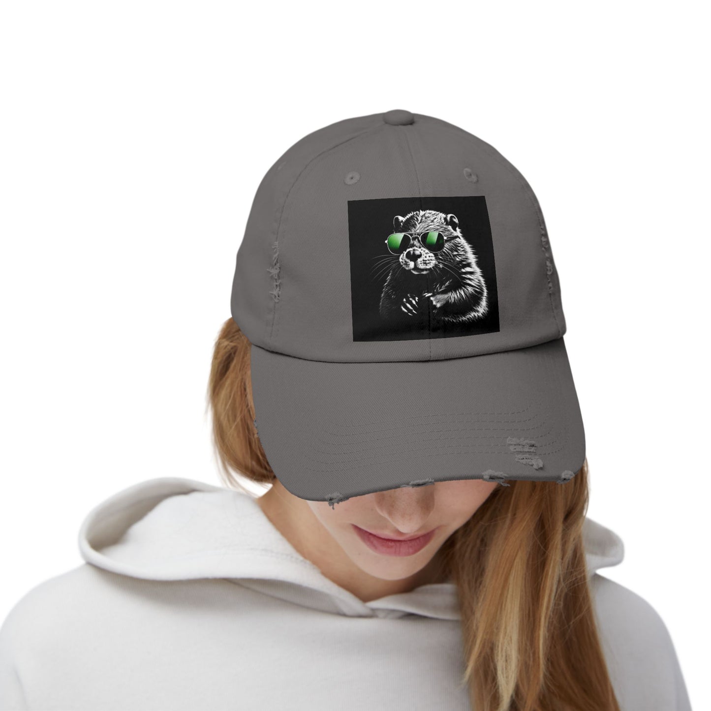 Distressed Cap — Cool Raccoon with Green Sunglasses Hat