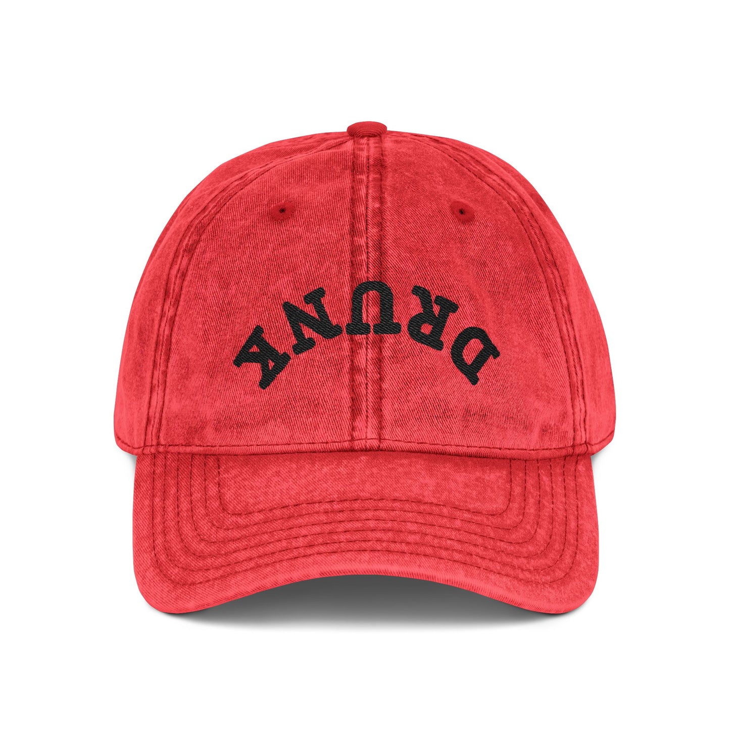 Embroidered Vintage 'DRUNK' Distressed Baseball Cap — Retro Red Cotton Hat