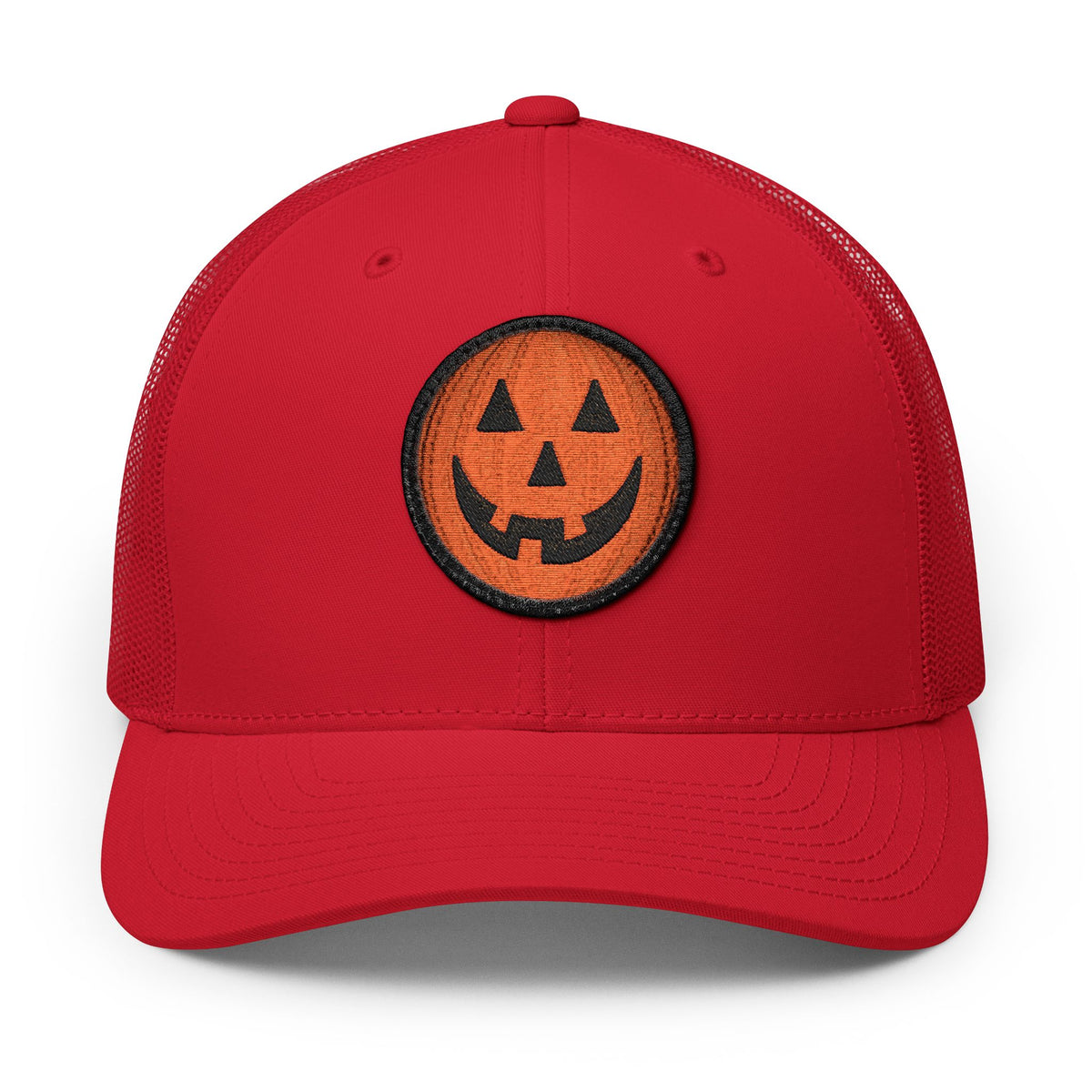 Halloween Pumpkin Jack-O’-Lantern Trucker Cap Hats Printify Circle One size Red / Black patch