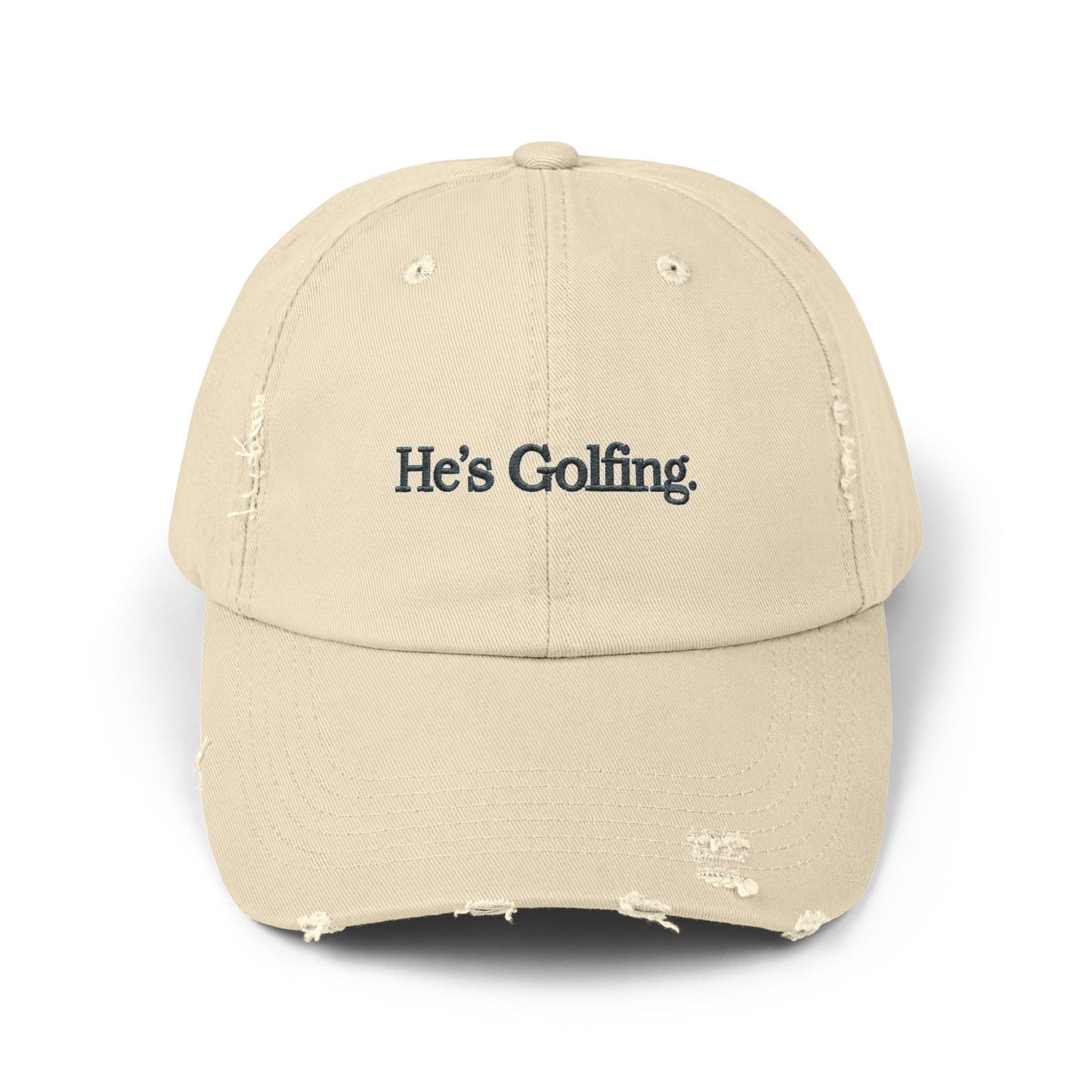 He's Goin' Distressed Dad Hat — Vintage Black Embroidered Cap