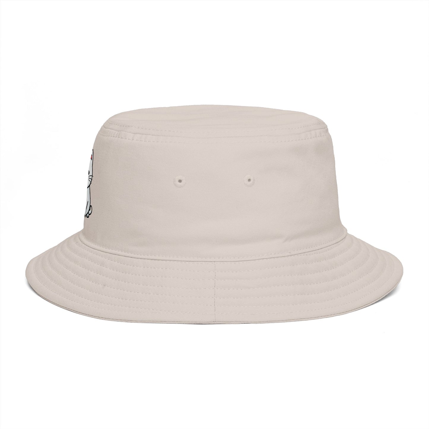 Brown Bucket Hat with Cute White Cat Embroidery — Casual Cat Lover Accessory Hats Printify