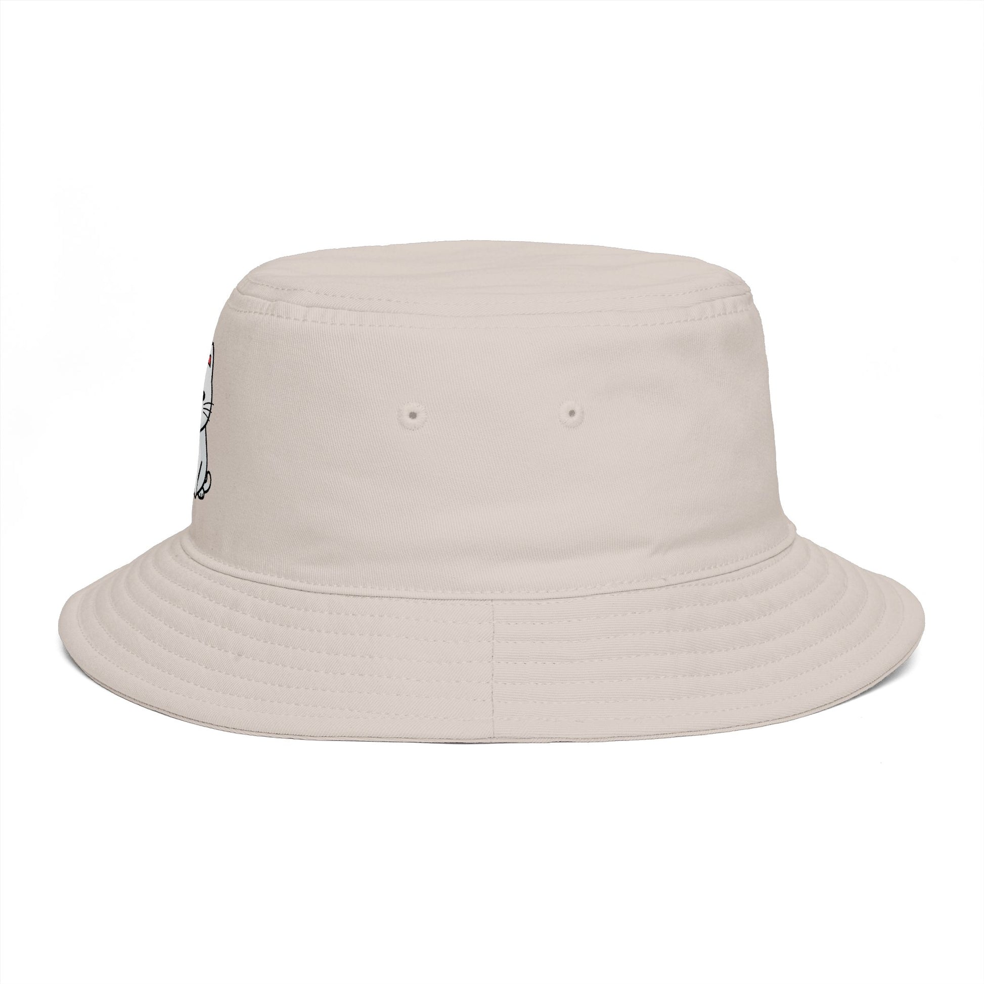 Brown Bucket Hat with Cute White Cat Embroidery — Casual Cat Lover Accessory Hats Printify