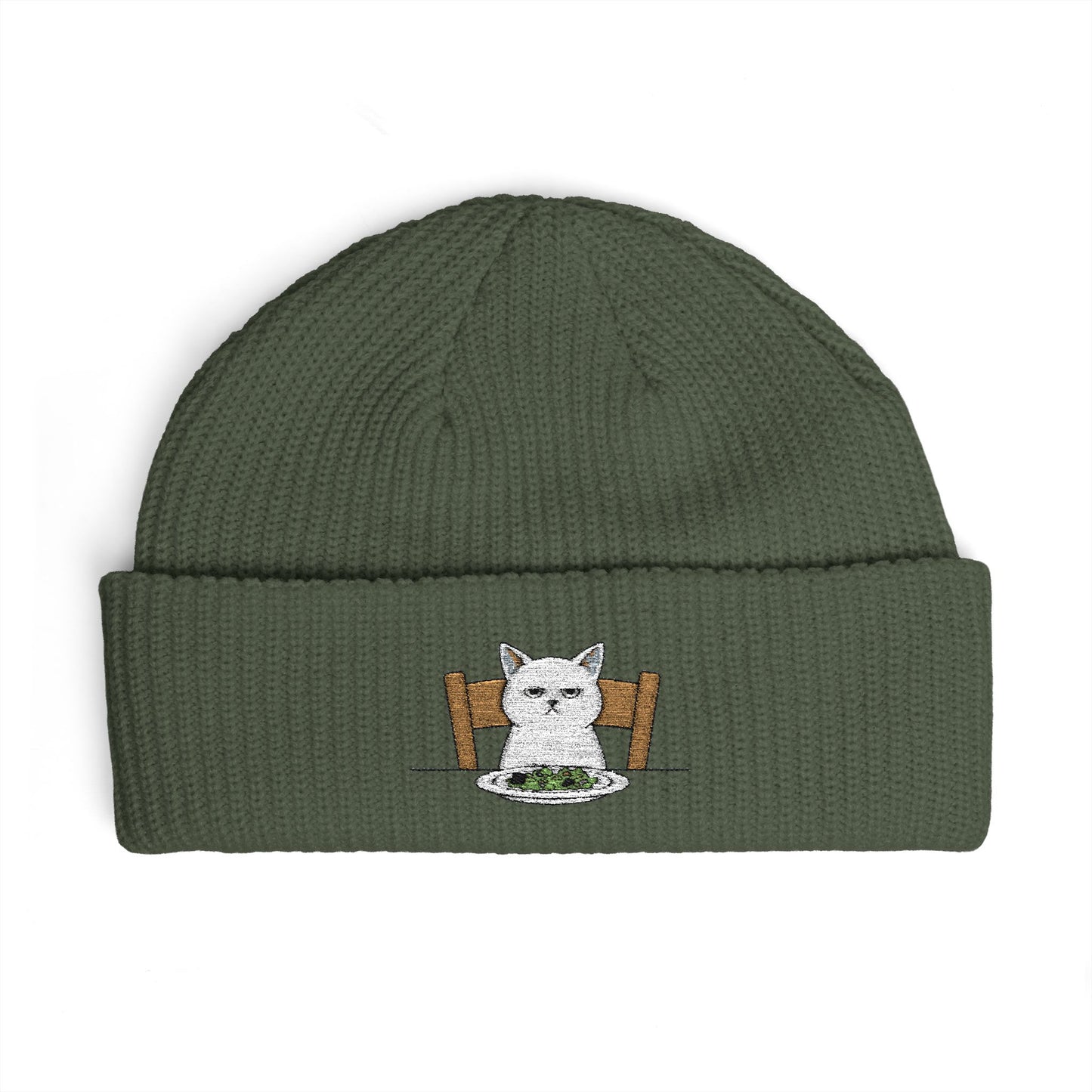 Cuffed Beanie with Embroidered White Cat on Chair – Cozy Cute Winter Hat Hats Printify One size Cypress