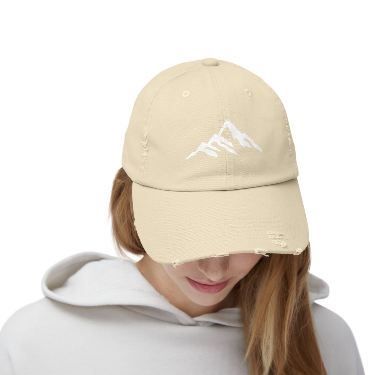Distressed Mountain Hat — Minimal White Peak Embroidered Cap Hats Printify
