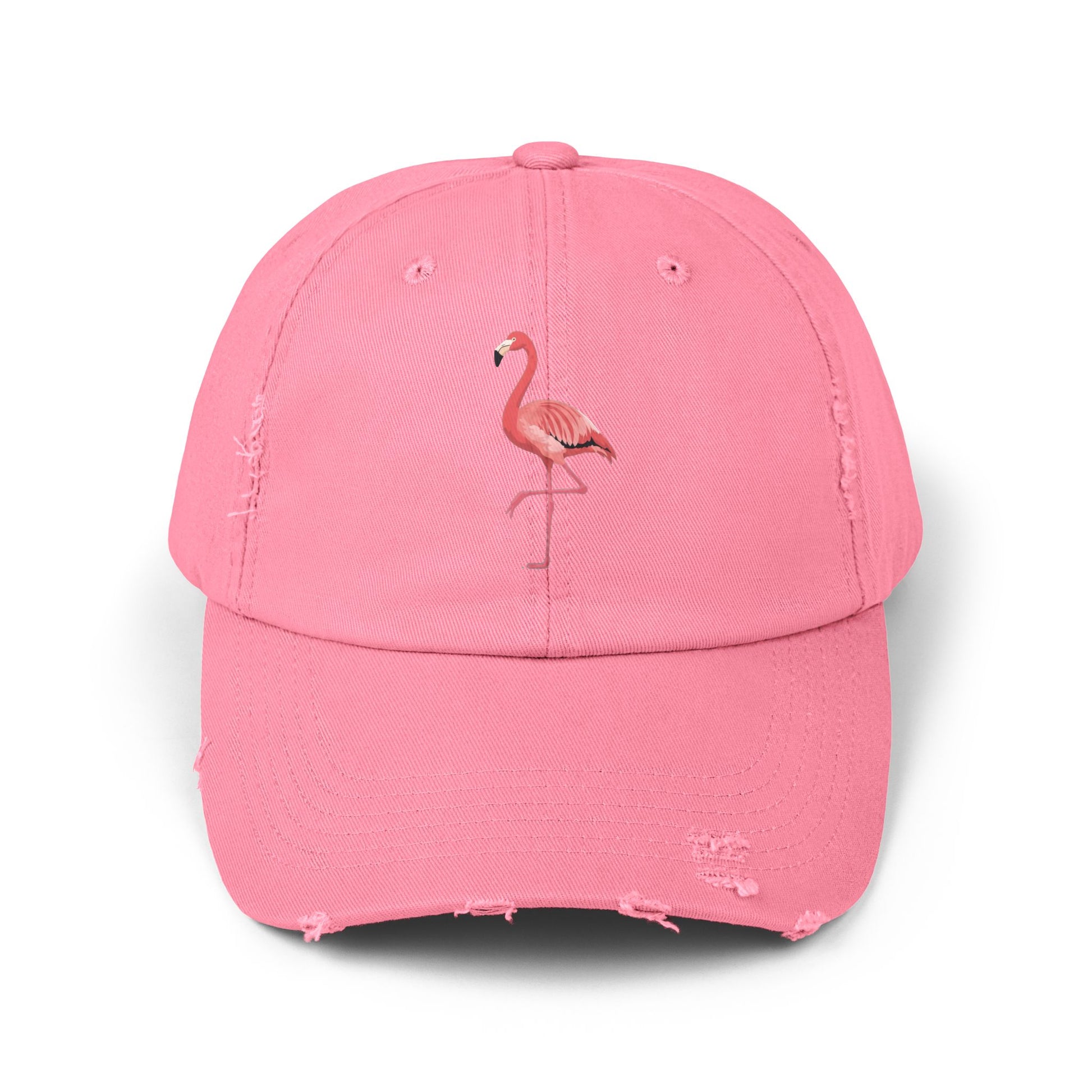 Distressed Flamingo Cap — Embroidered Pink Flamingo Baseball Hat Hats Printify True Pink One size
