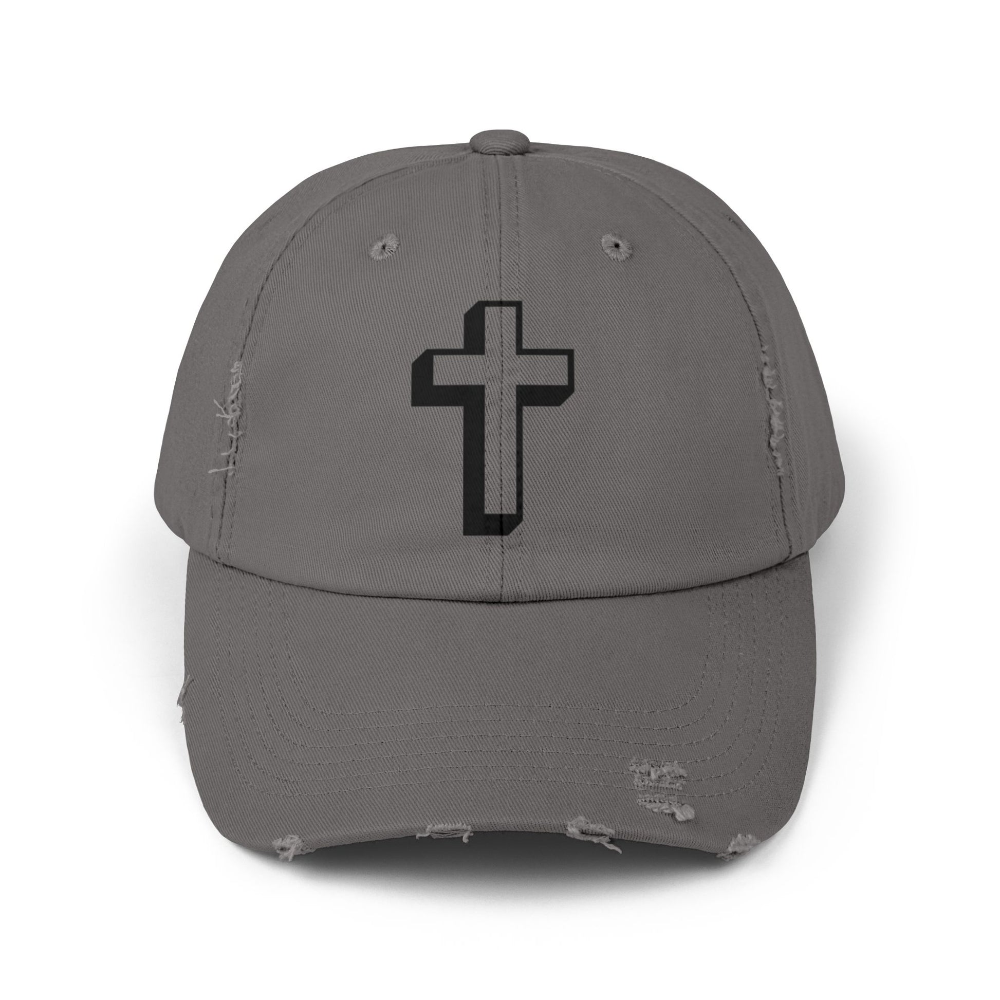 Distressed Black Cross Cap — Vintage Christian Baseball Hat Hats Printify Nickel One size