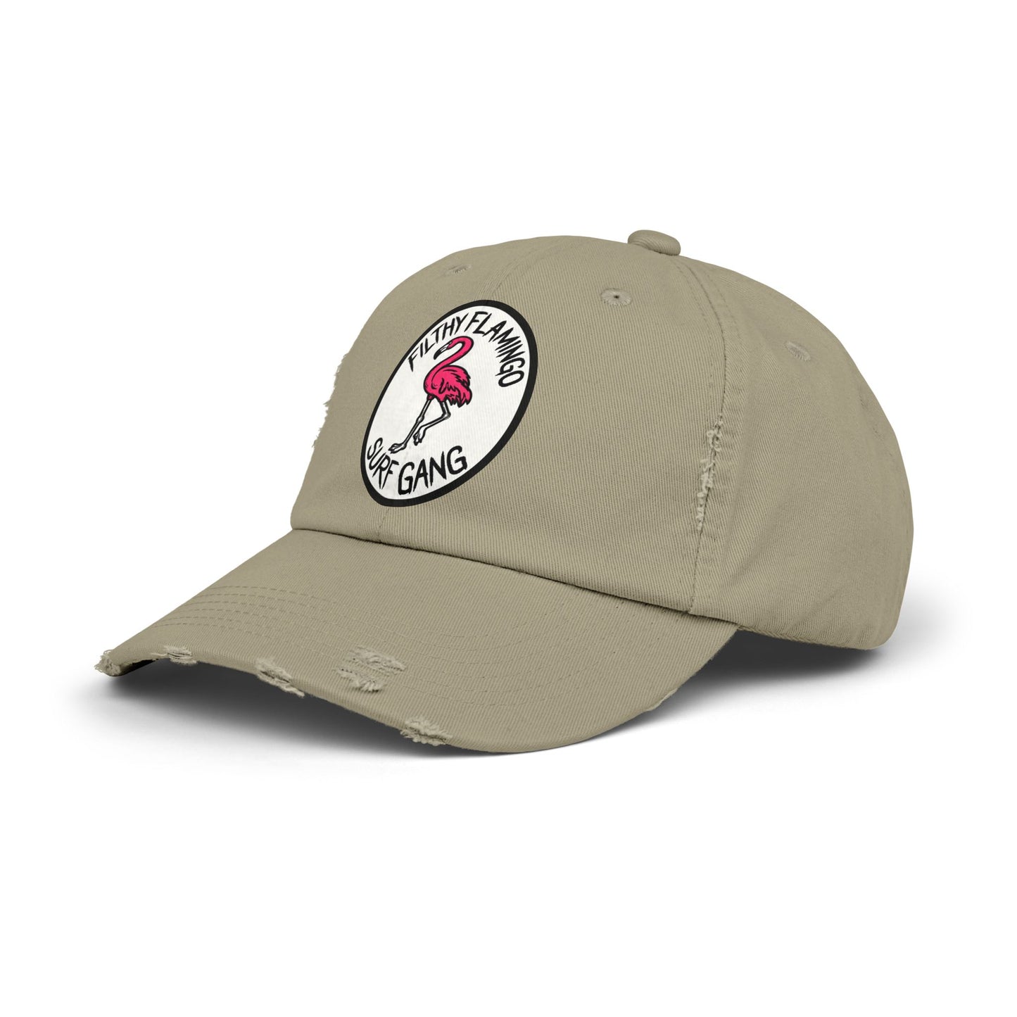 Distressed Surf Cap — "Filthy Flamingo Surf Gang" Embroidered Patch Hat