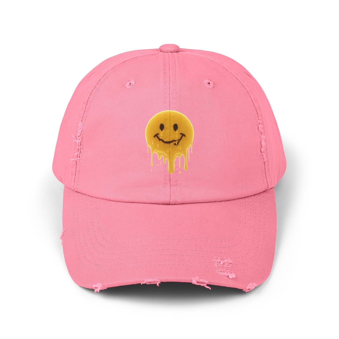 Distressed Melting Smiley Cap — Grunge Drip Dad Hat Hats Printify True Pink One size