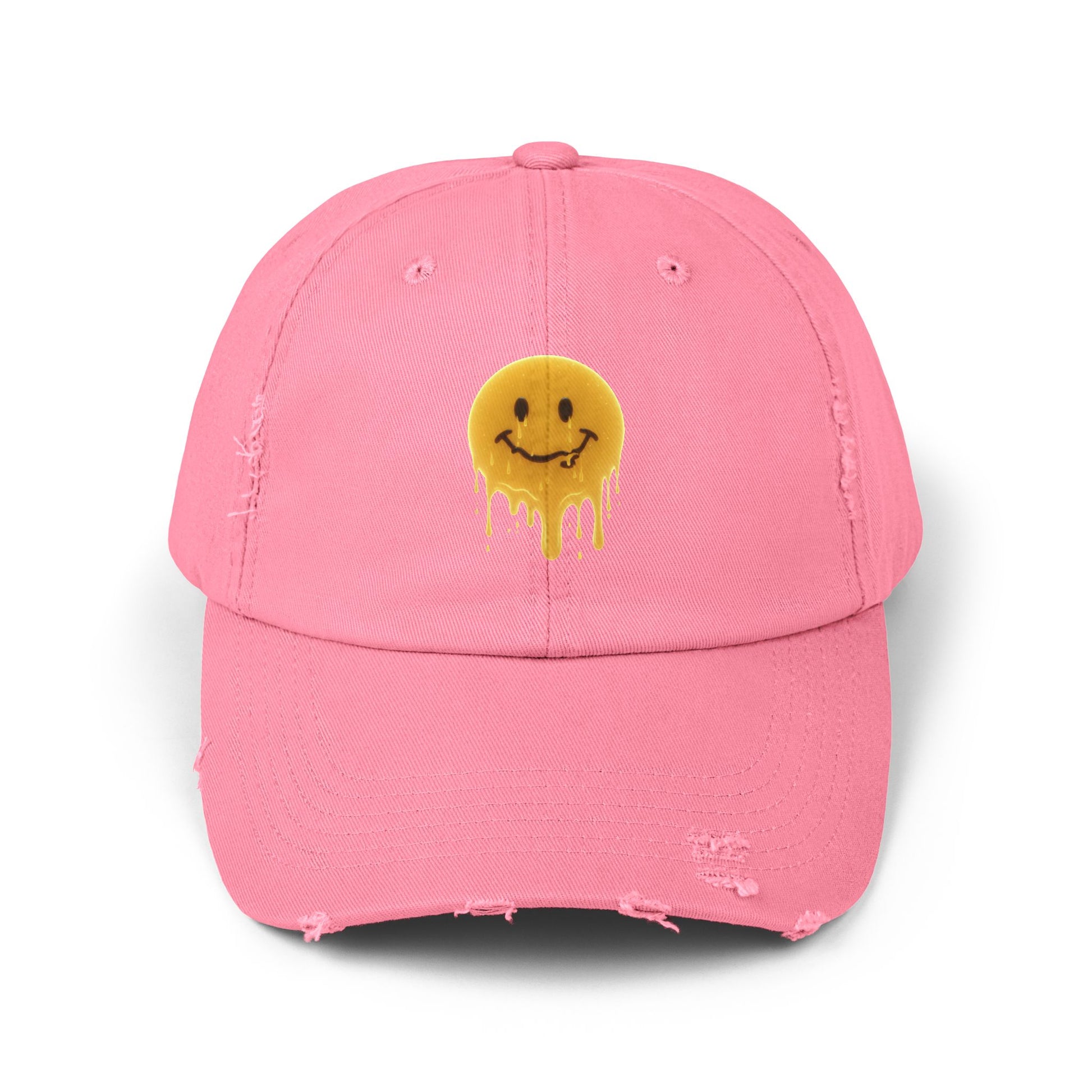 Distressed Melting Smiley Cap — Grunge Drip Dad Hat Hats Printify True Pink One size