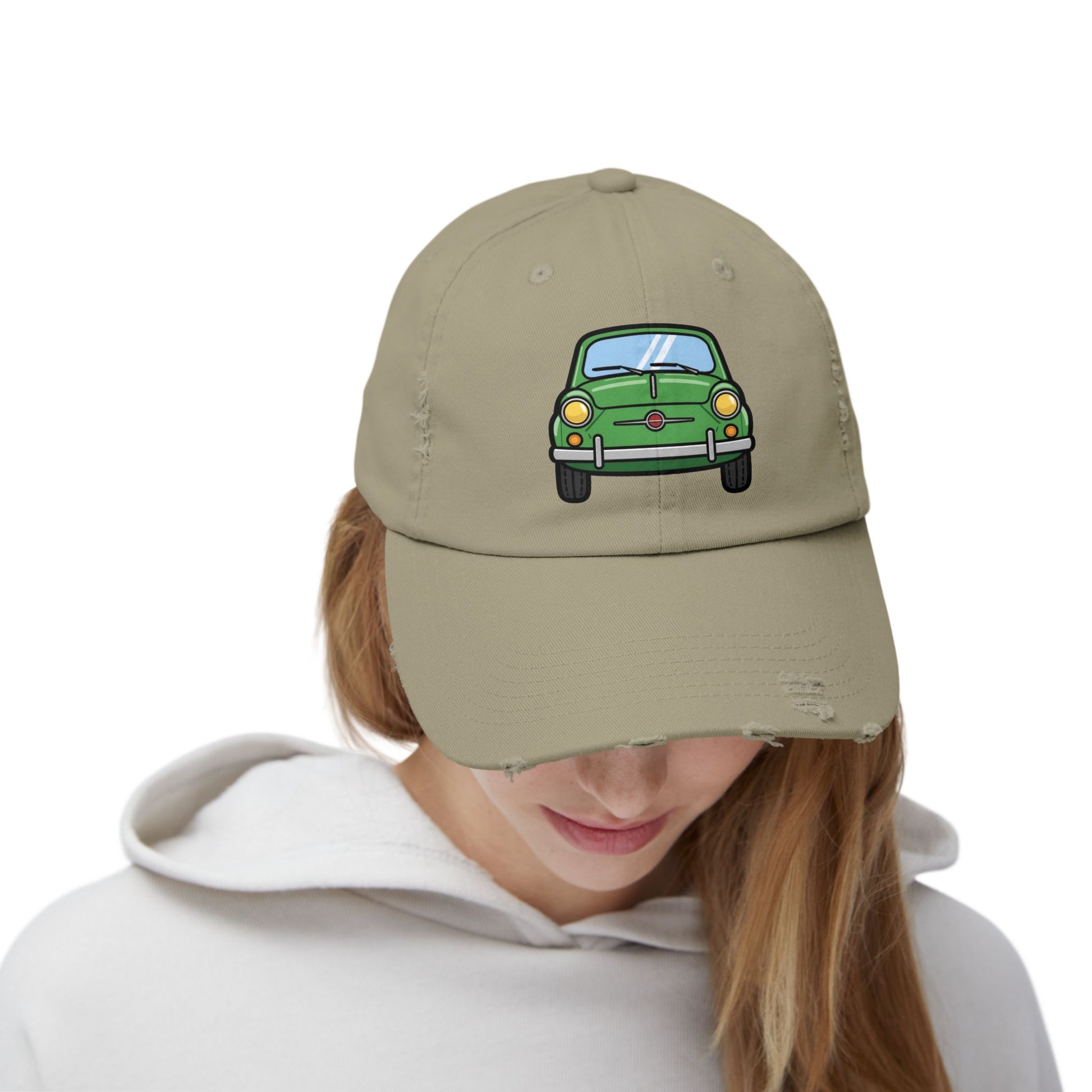Distressed Cap — Retro Green Car Graphic Hat Hats Printify