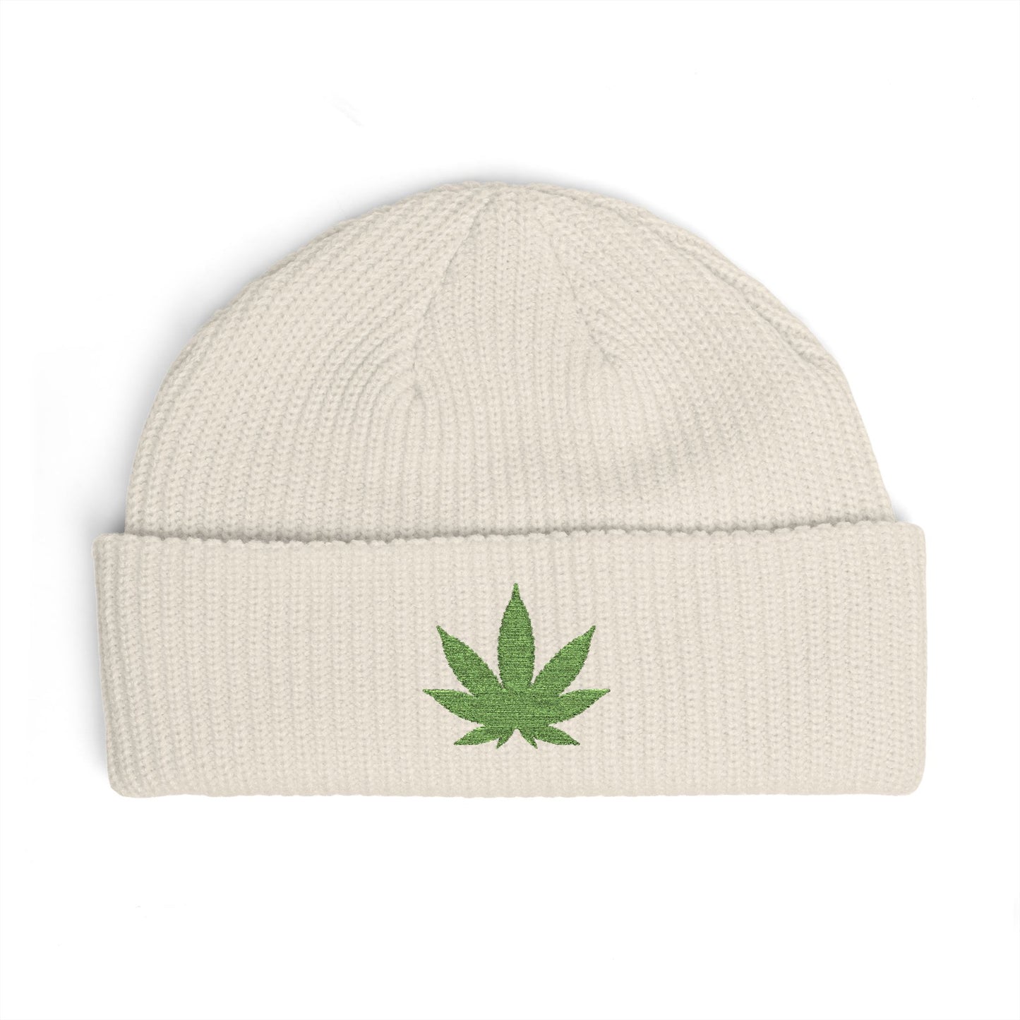 Embroidered Glitter Cannabis Leaf Cuff Beanie Hats Printify One size Ecru