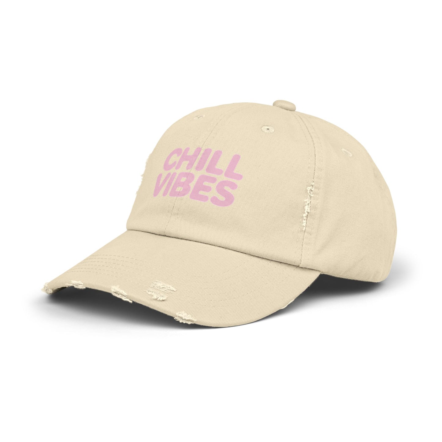 Chill Vibes Distressed Cap — Pink Text Casual Baseball Hat Hats Printify