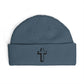 Embroidered Cross Cuff Beanie — Minimal Faith Knit Hat Hats Printify One size Petrol Blue