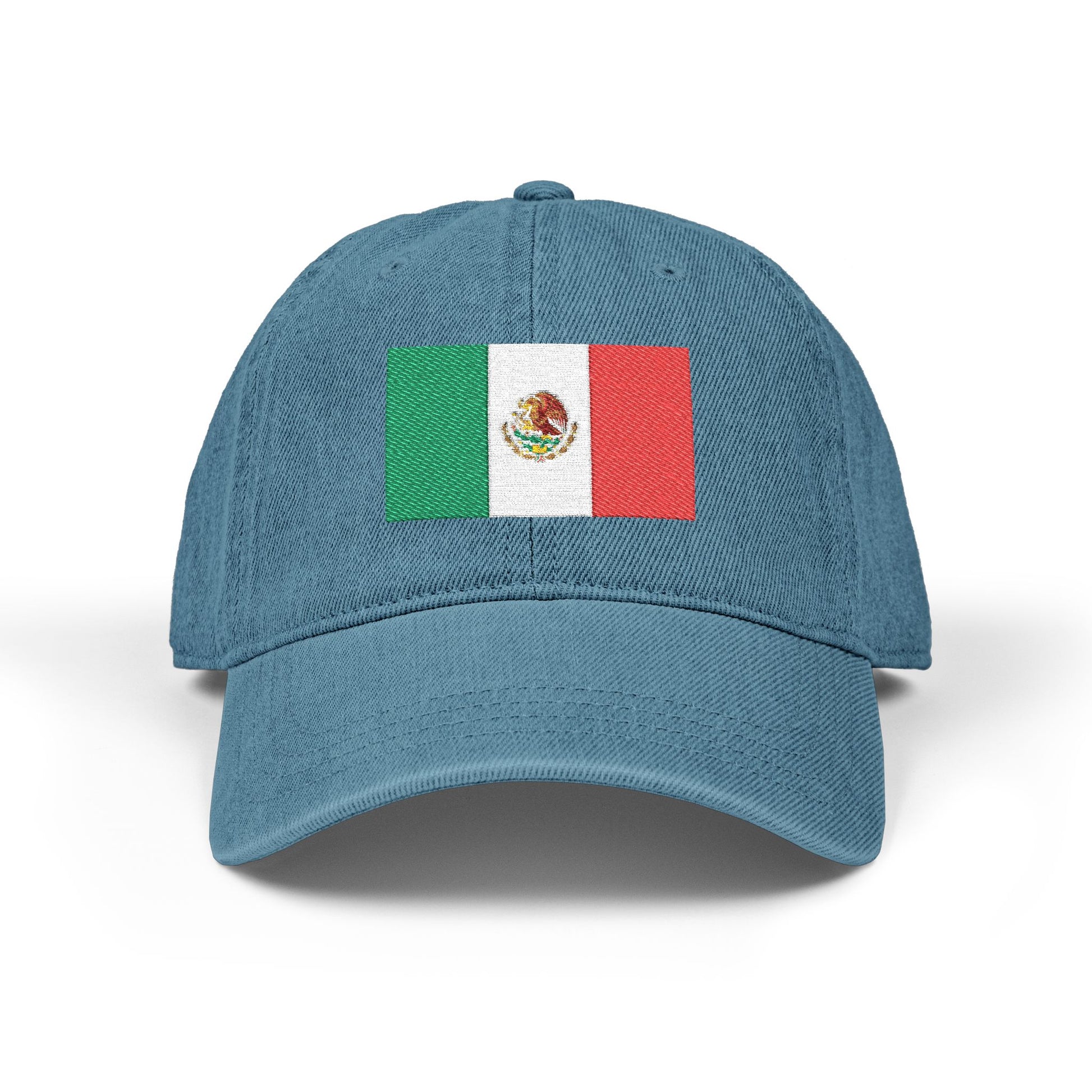 Embroidered Mexican Flag Denim Hat — Adjustable Trucker Cap Hats Printify One size Blue