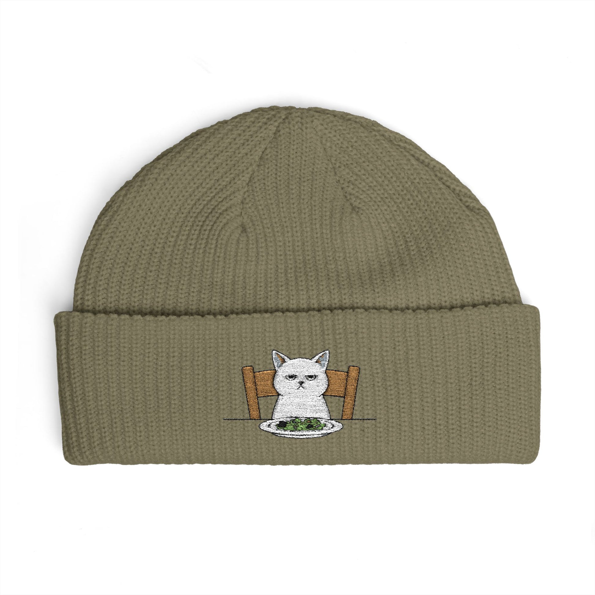 Cuffed Beanie with Embroidered White Cat on Chair – Cozy Cute Winter Hat Hats Printify One size Eucalyptus