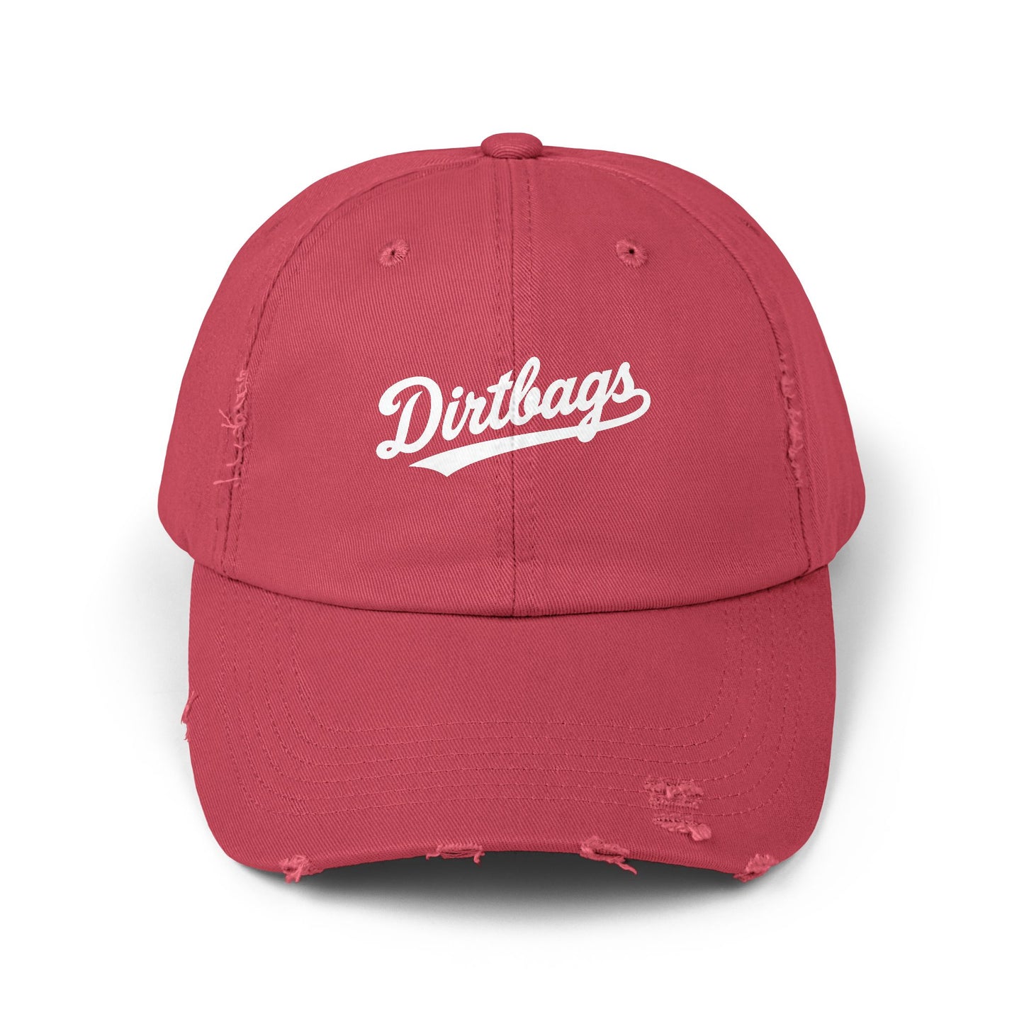 Dirtbags Distressed Baseball Cap — Vintage Script Embroidered Hat Hats Printify Dashing Red One size