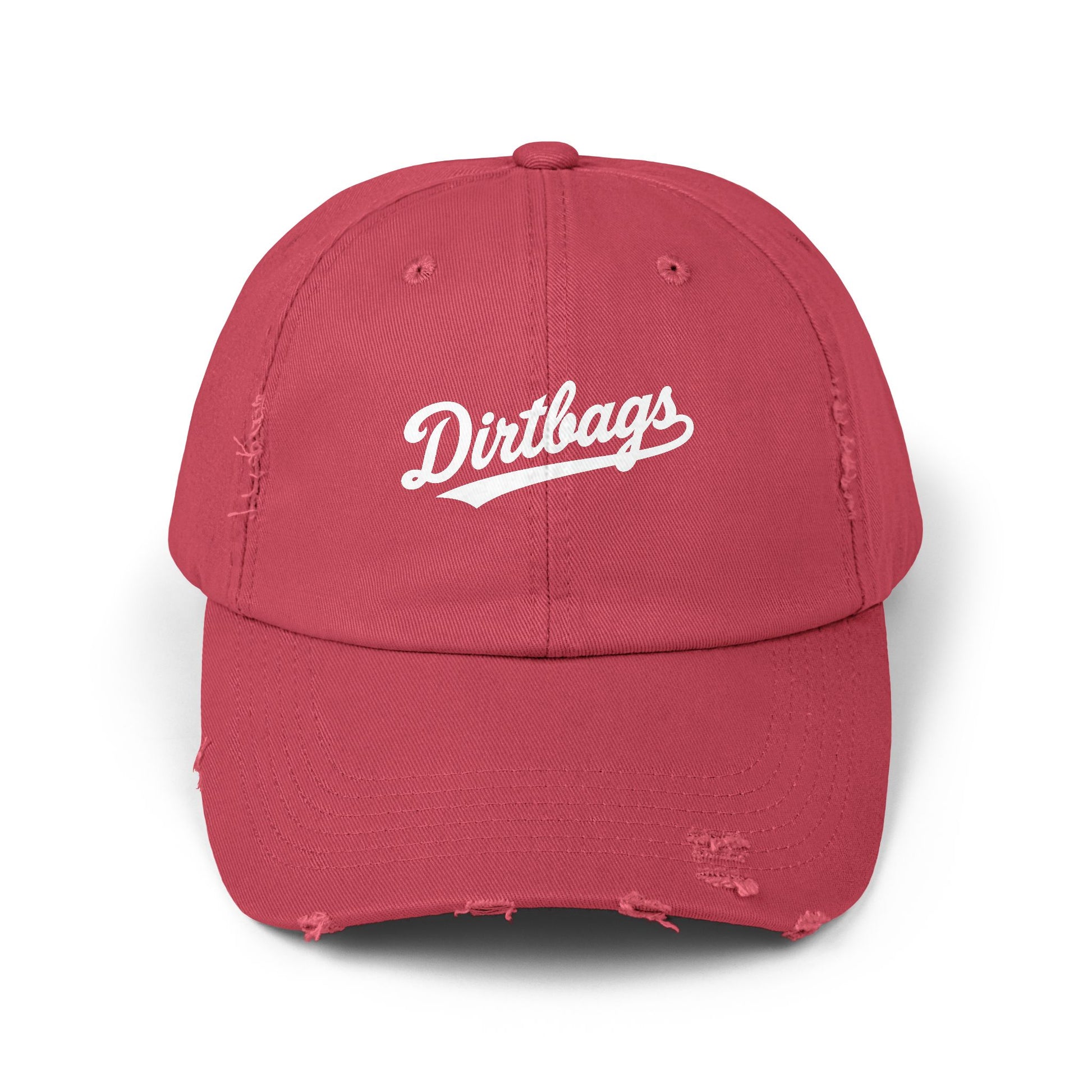 Dirtbags Distressed Baseball Cap — Vintage Script Embroidered Hat Hats Printify Dashing Red One size