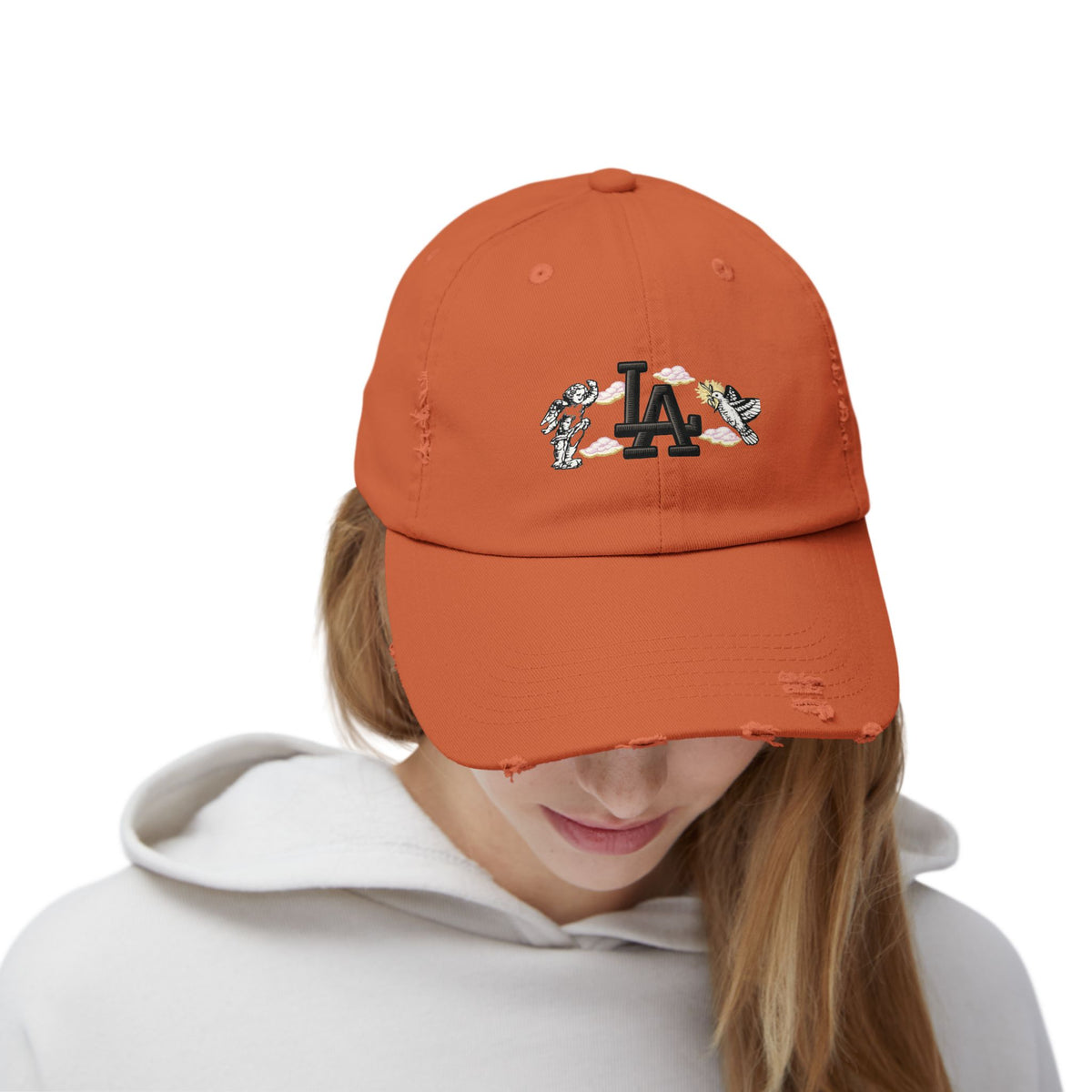 Distressed Baseball Cap — LA Logo with Angel Wings & Clouds Hats Printify