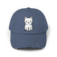 Distressed Black Cap with Cute White Cat Graphic Hats Printify Scotland Blue One size
