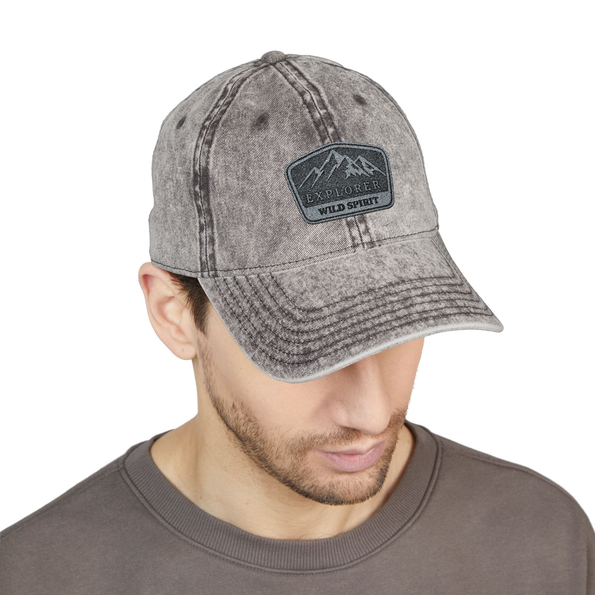 Vintage Embroidered Mountain Patch Cap — Washed Red Dad Hat Hats Printify