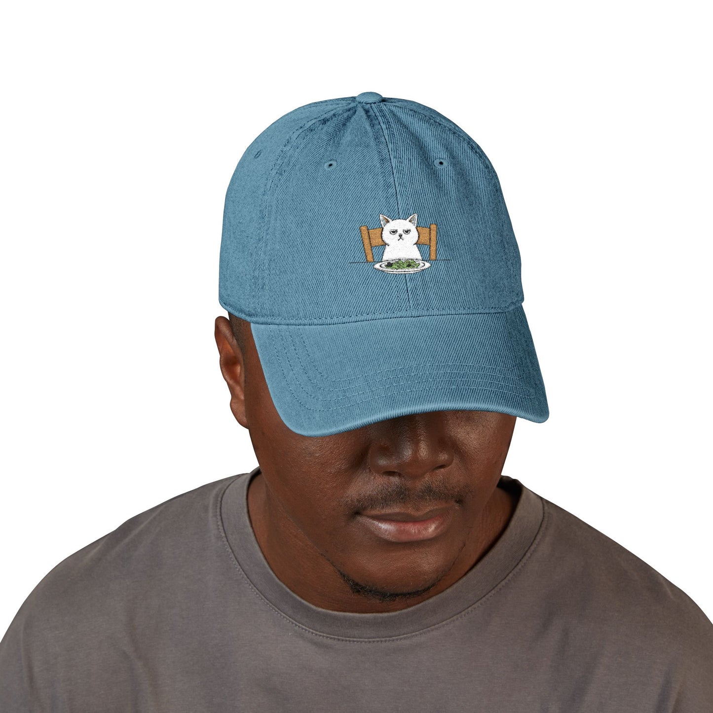 Embroidered Cat at Dinner Denim Hat Hats Printify