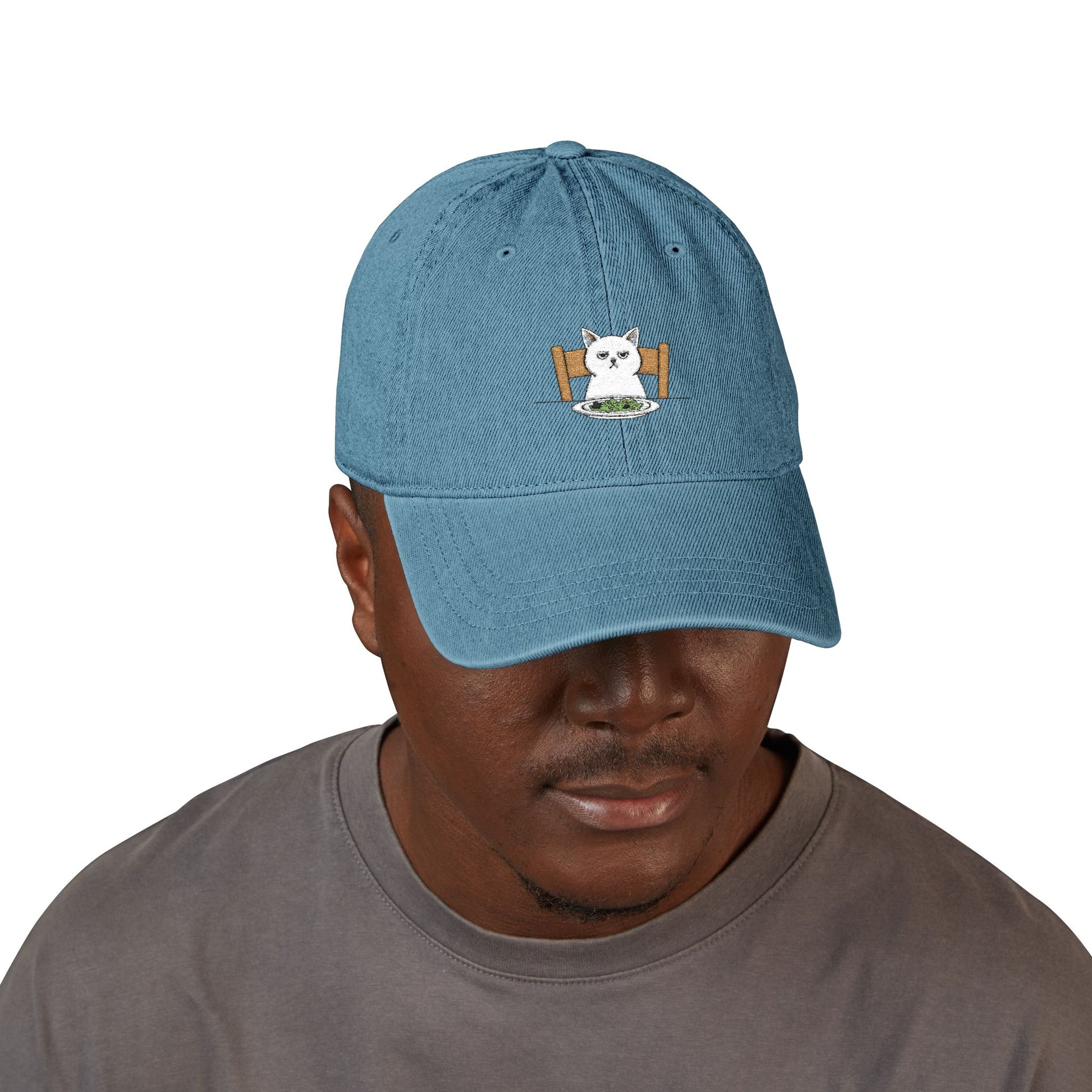 Embroidered Cat at Dinner Denim Hat Hats Printify