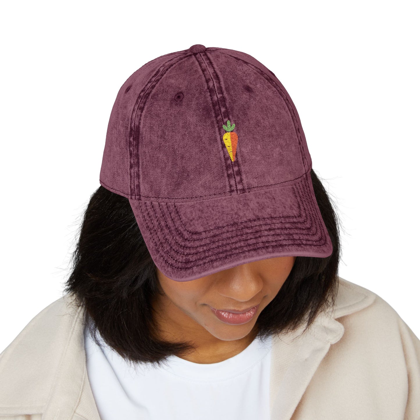 Vintage Embroidered Carrot Dad Hat – Washed Grey Cotton Cap Hats Printify