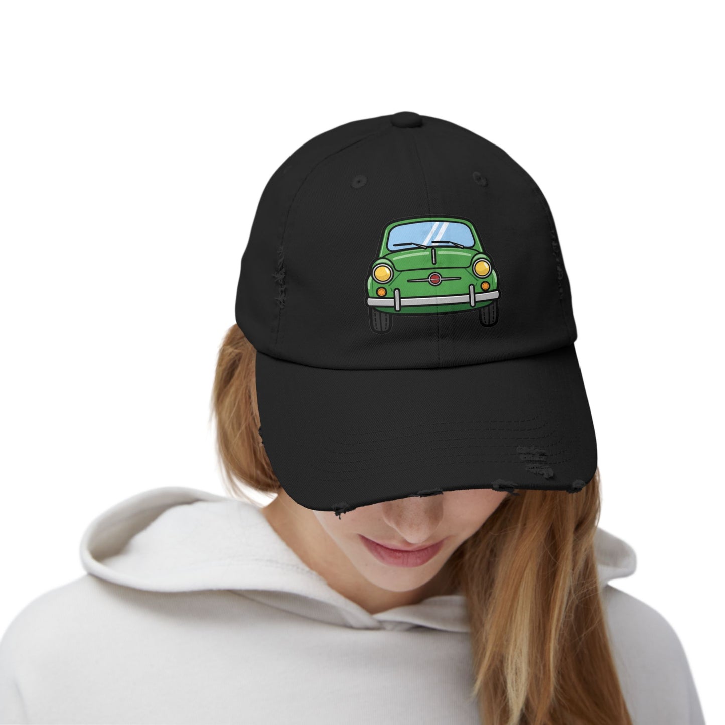 Distressed Cap — Retro Green Car Graphic Hat Hats Printify