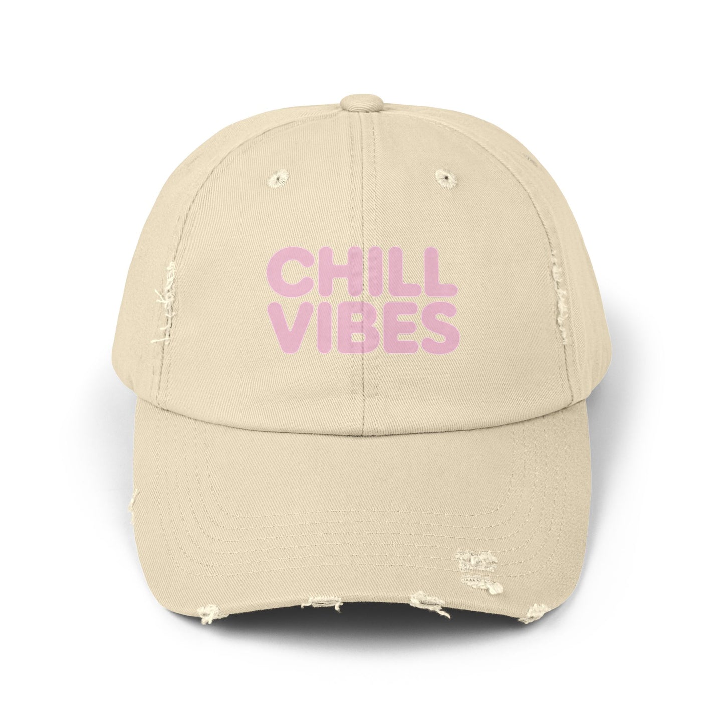 Chill Vibes Distressed Cap — Pink Text Casual Baseball Hat Hats Printify Stone One size