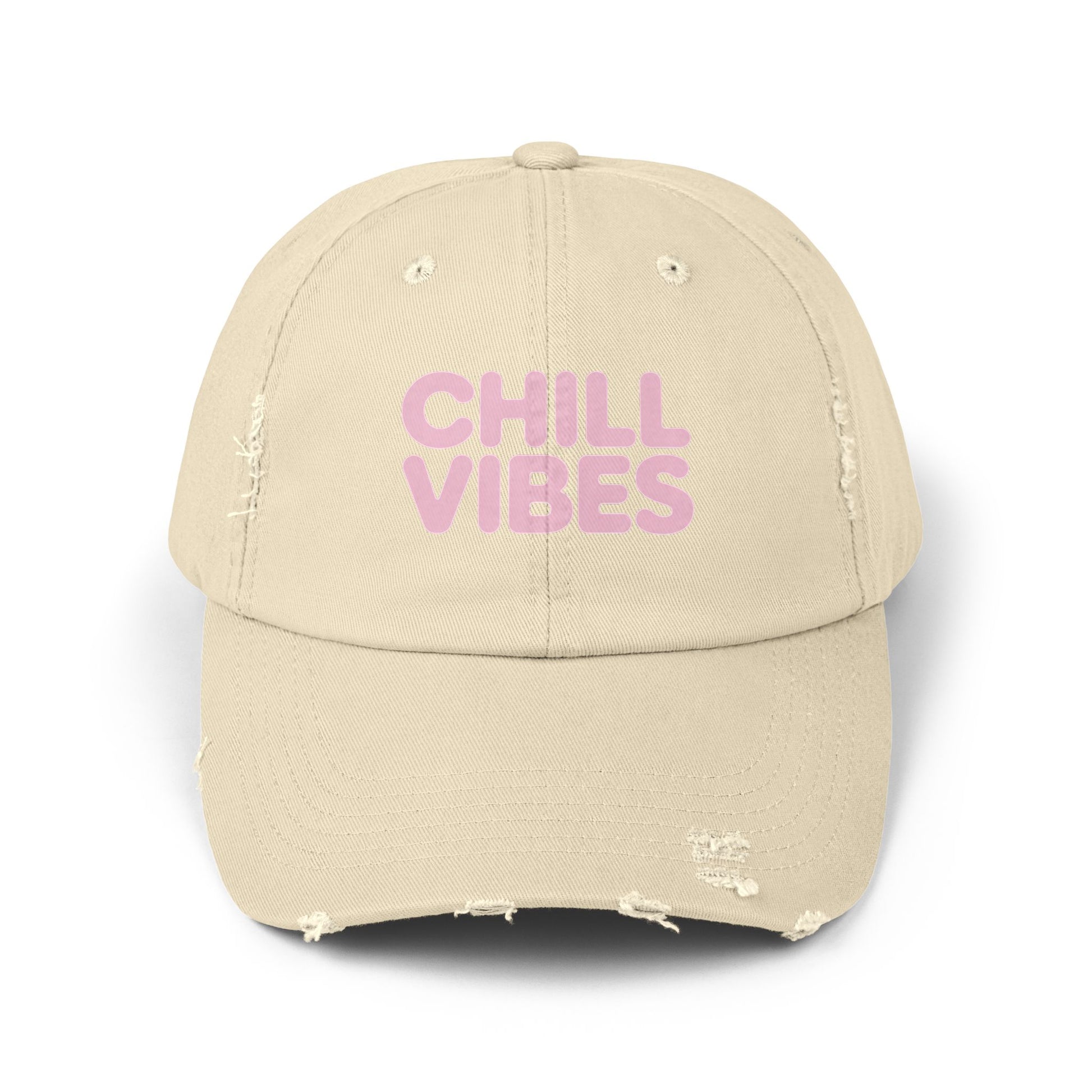 Chill Vibes Distressed Cap — Pink Text Casual Baseball Hat Hats Printify Stone One size