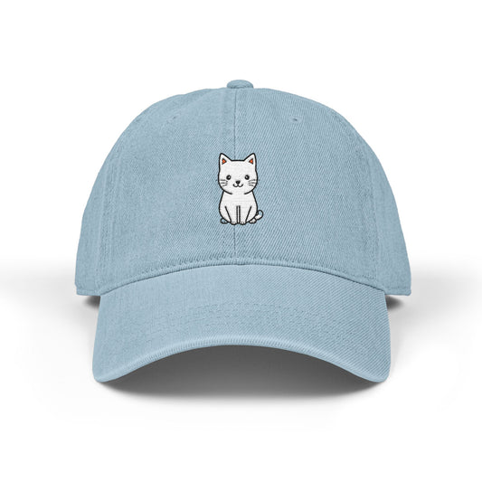 Embroidered White Kitten Denim Hat — Cute Cat Baseball Cap Hats Printify One size Light Blue